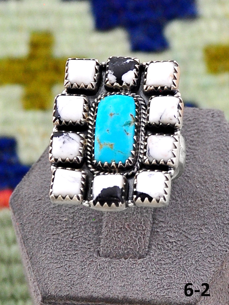 Southwest Handmade Santa Maria Turquoise with White Buffalo & Sterling Silver Adjustable Ring