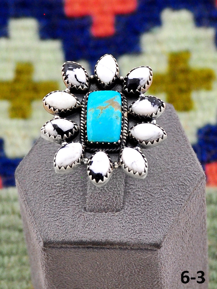 Southwest Handmade Santa Maria Turquoise with White Buffalo & Sterling Silver Adjustable Ring