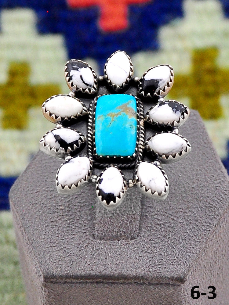 Southwest Handmade Santa Maria Turquoise with White Buffalo & Sterling Silver Adjustable Ring