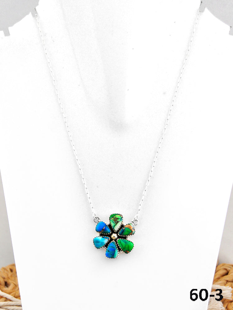 Southwest Made Peacock Dahlia & Sterling Silver Necklace
