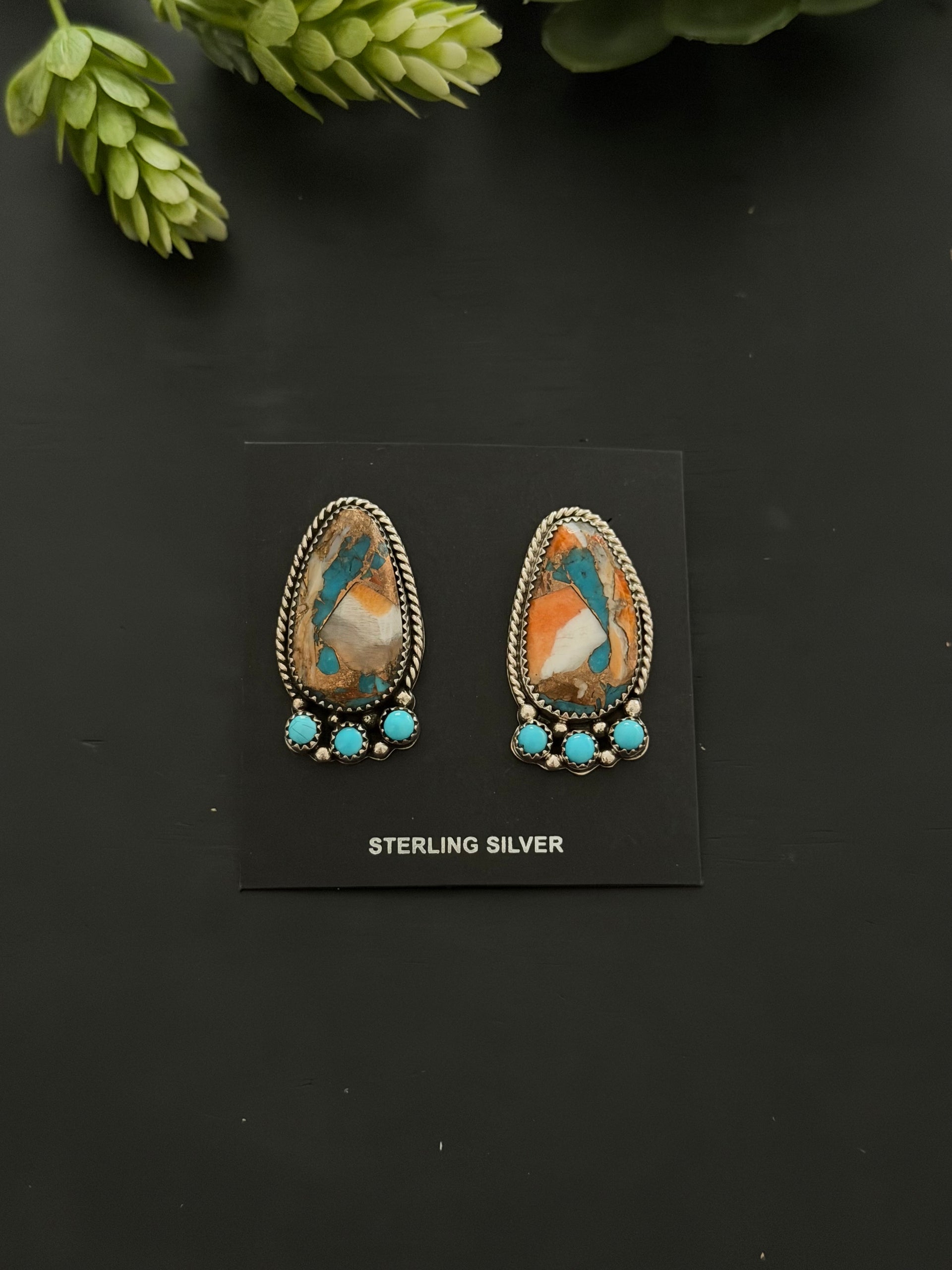 Navajo Made Multi Stone & Sterling Silver Post Dangle Cluster Earrings