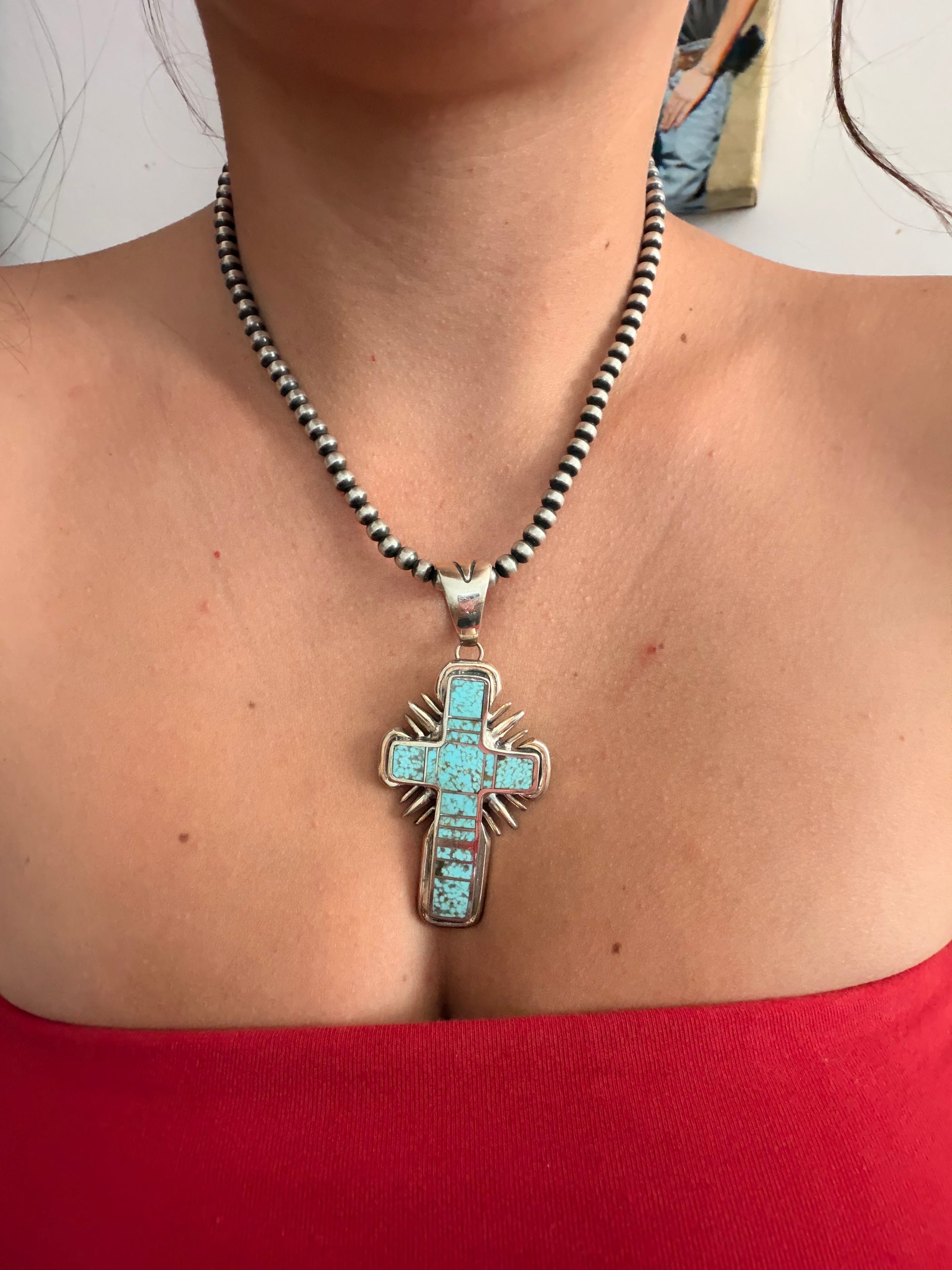 Navajo Made Mine 8 Turquoise & Sterling Silver Cross Pendant