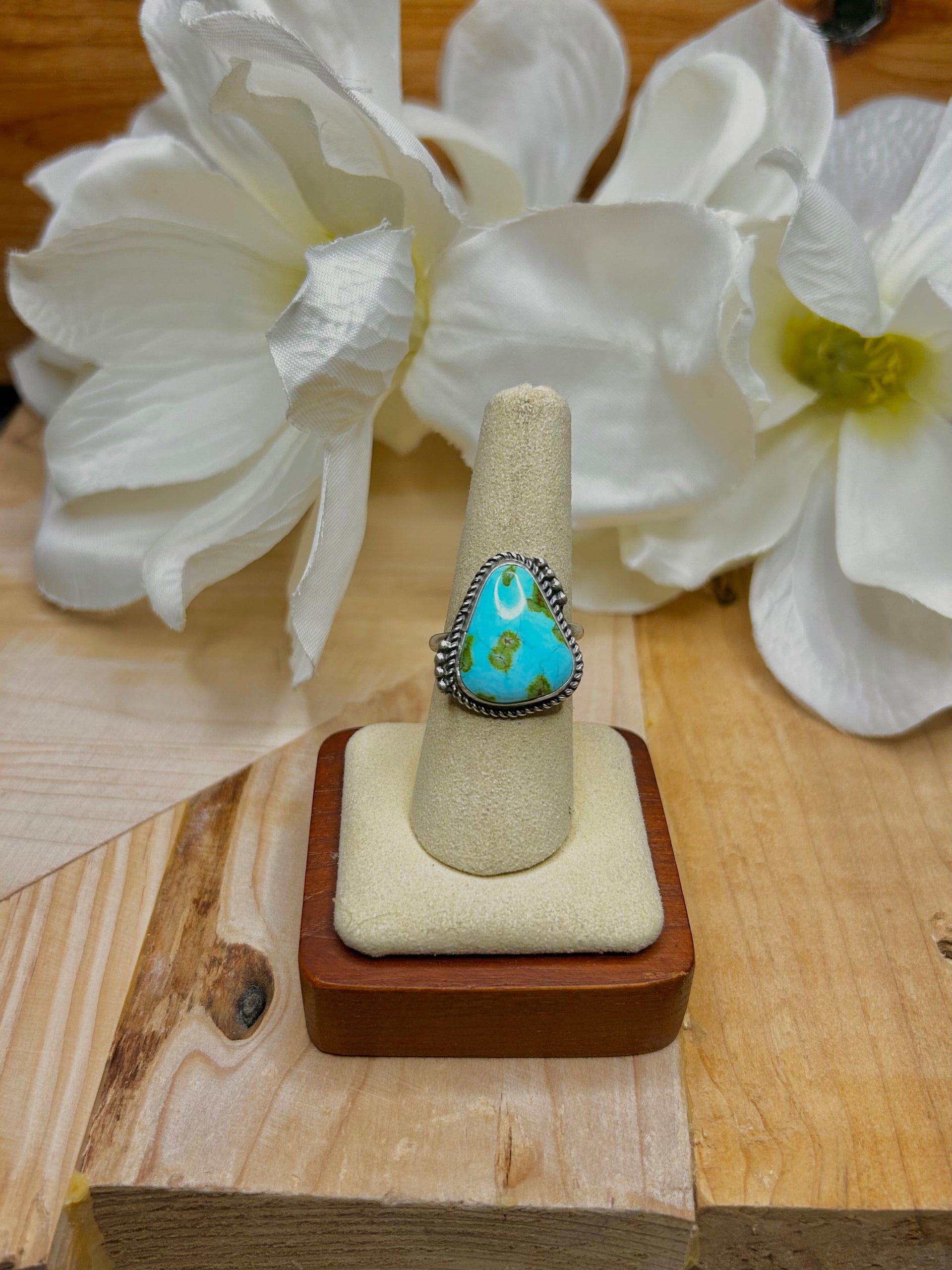 Navajo Made Sonoran Mountain Turquoise & Sterling Silver Cluster Ring Size 8