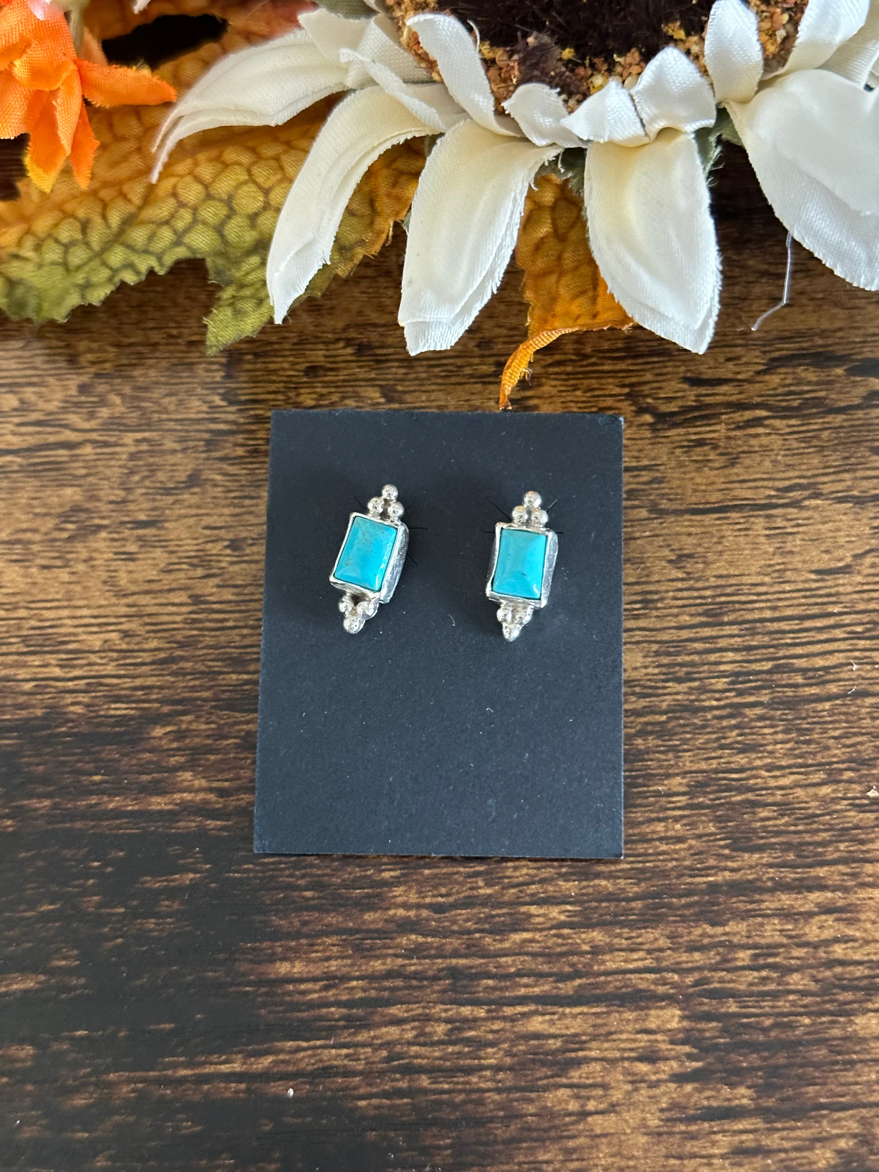 Navajo Made Kingman Turquoise & Sterling Silver Post Earrings