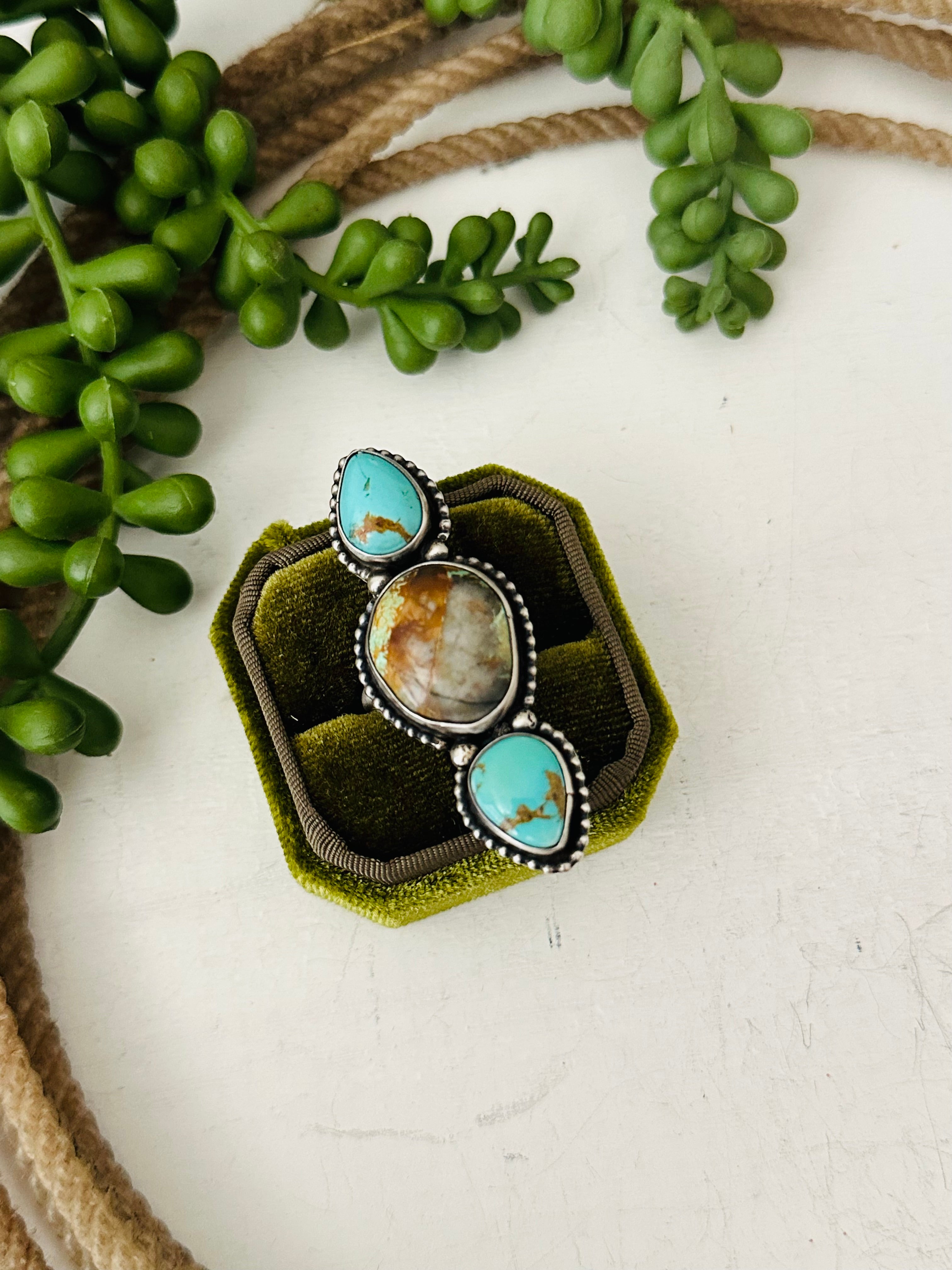 Navajo Made Multi Turquoise & Sterling Silver Adjustable Ring