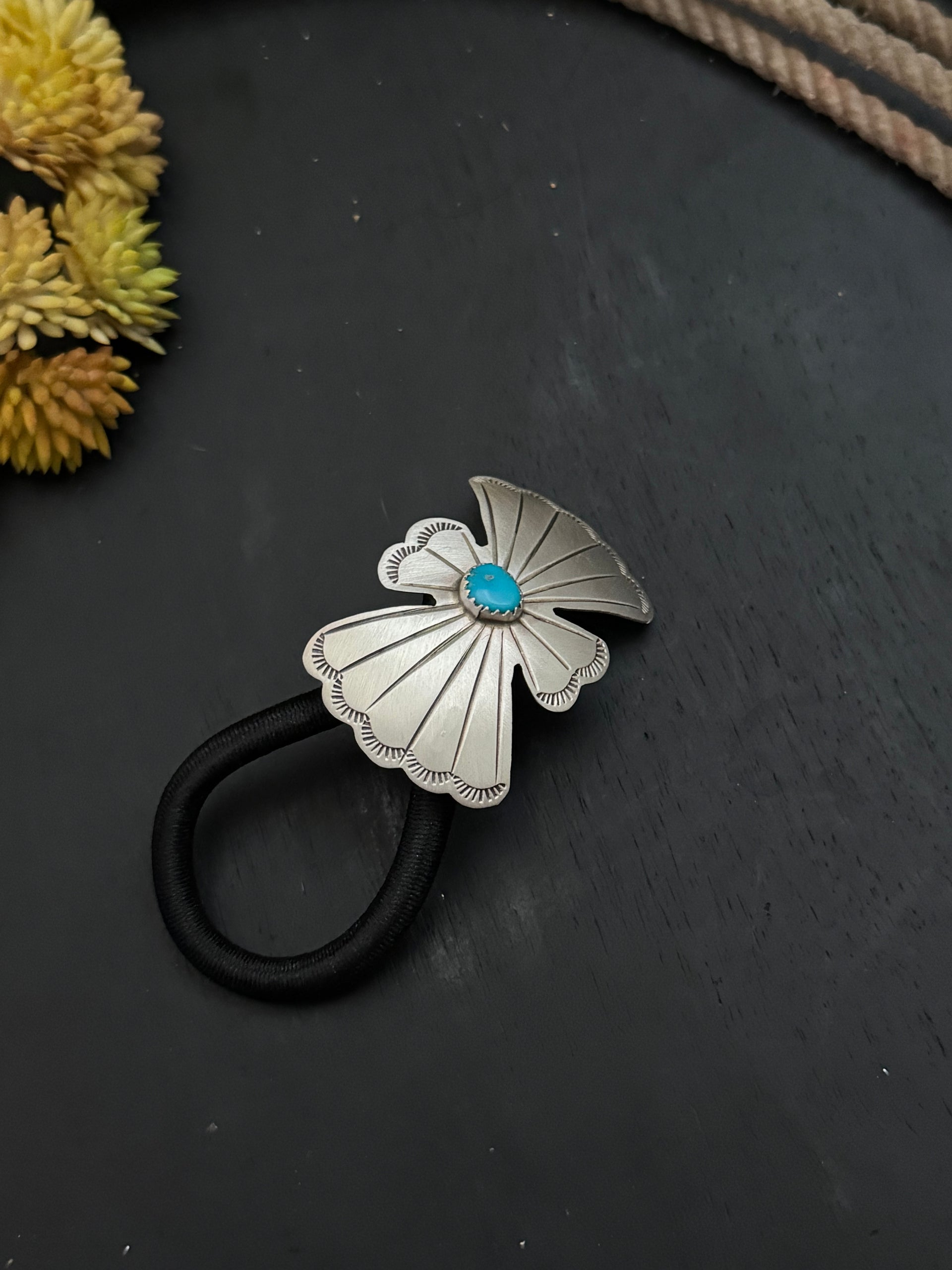 Navajo Made Kingman Turquoise & Sterling Silver Concho Ponytail Holder