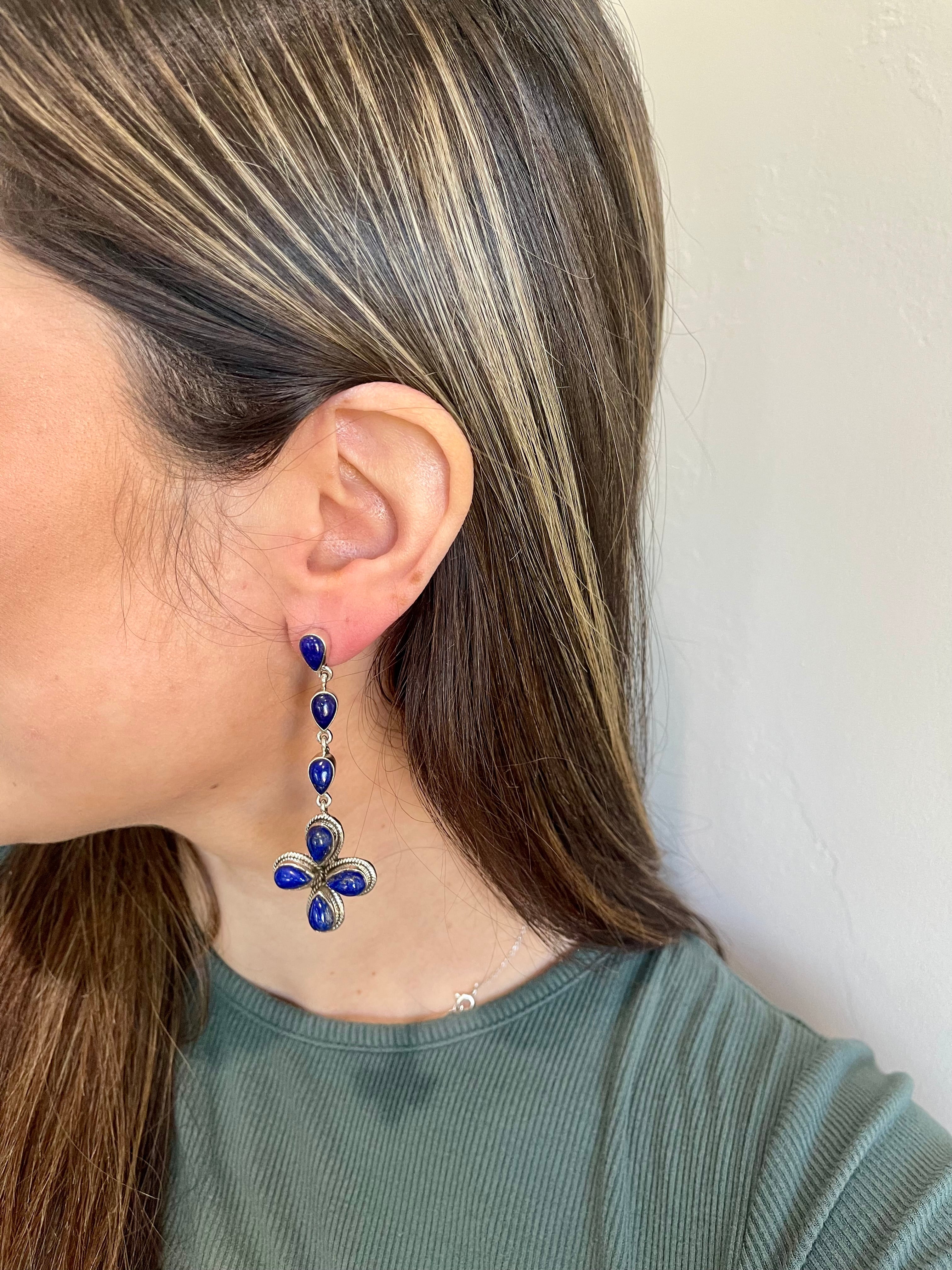 Southwest Handmade Lapis & Sterling Silver Post Dangle Cluster Earrings