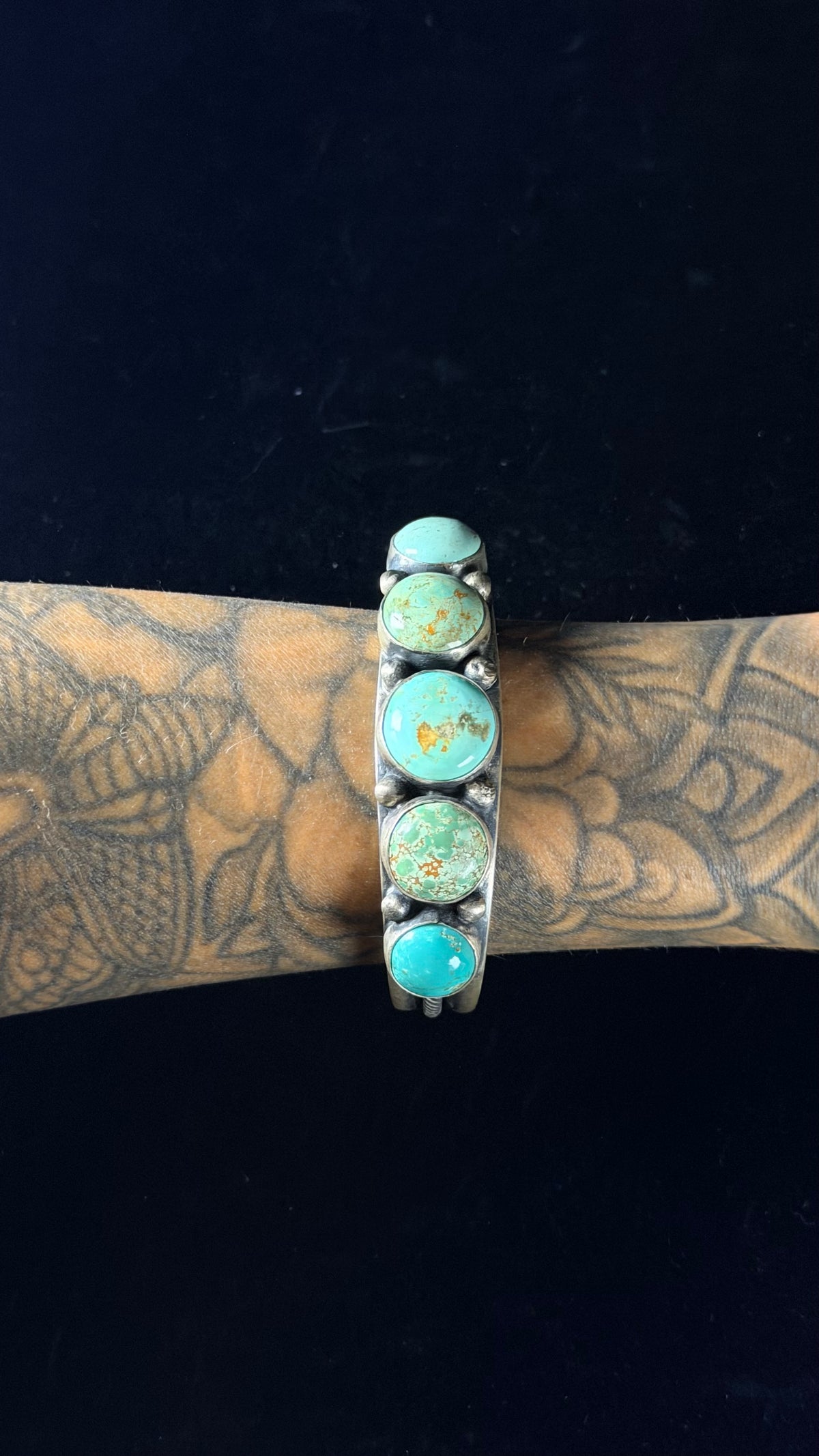 Navajo Made Royston Turquoise  & Sterling Silver Cluster Cuff Bracelet