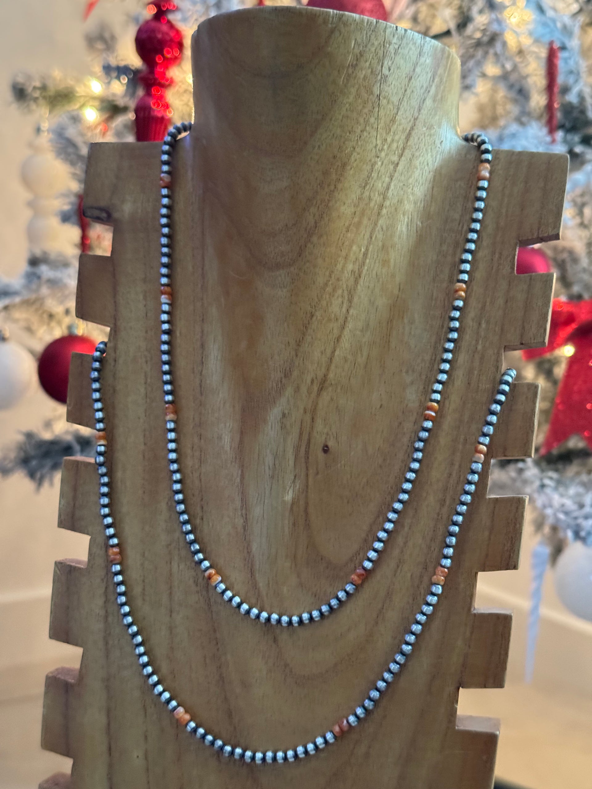 Navajo Strung Red/Orange Spiny Oyster & Sterling Silver Pearl Necklace