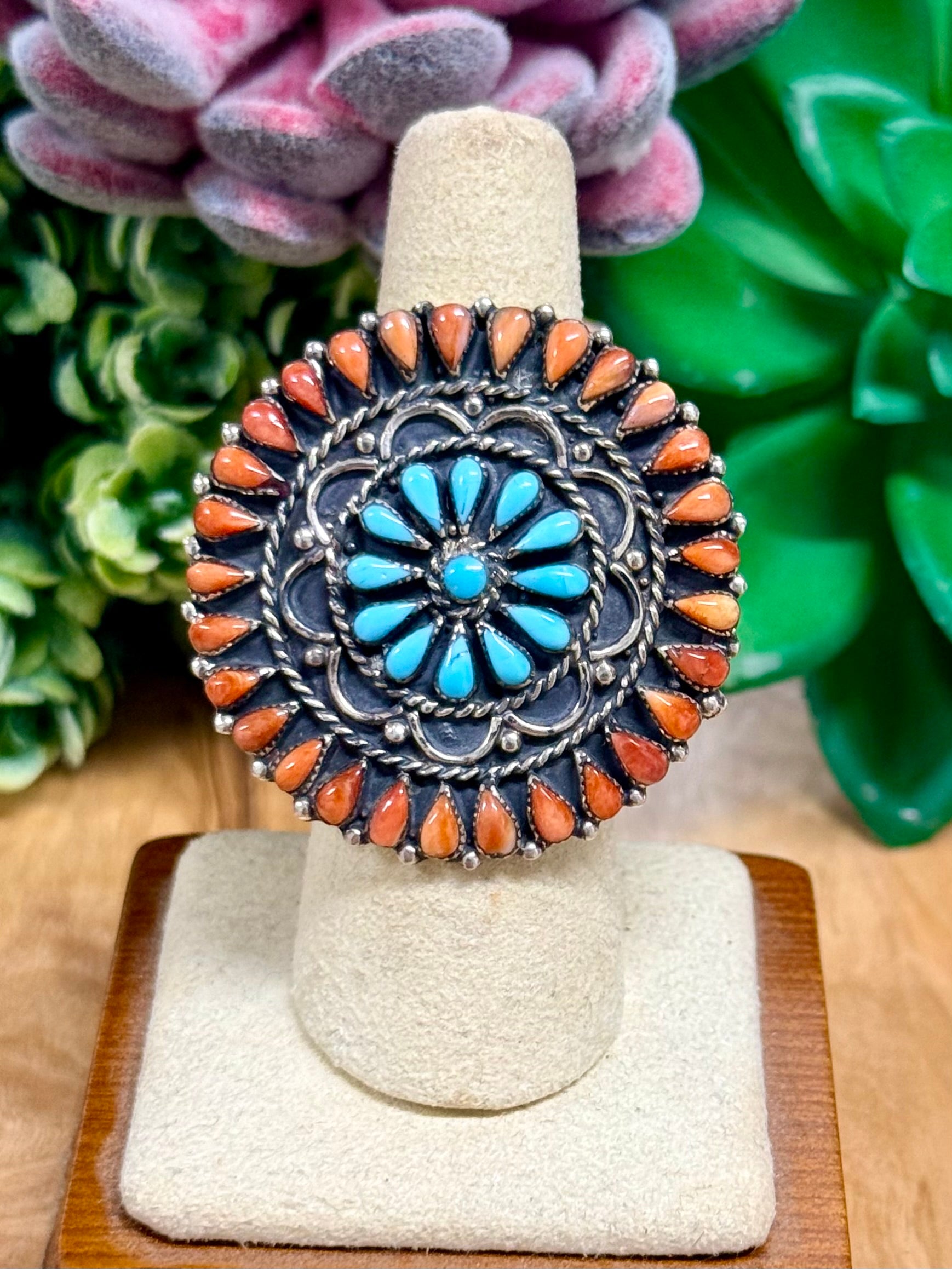 Southwest Handmade Multi Stone & Sterling Silver Ring Size 7.75