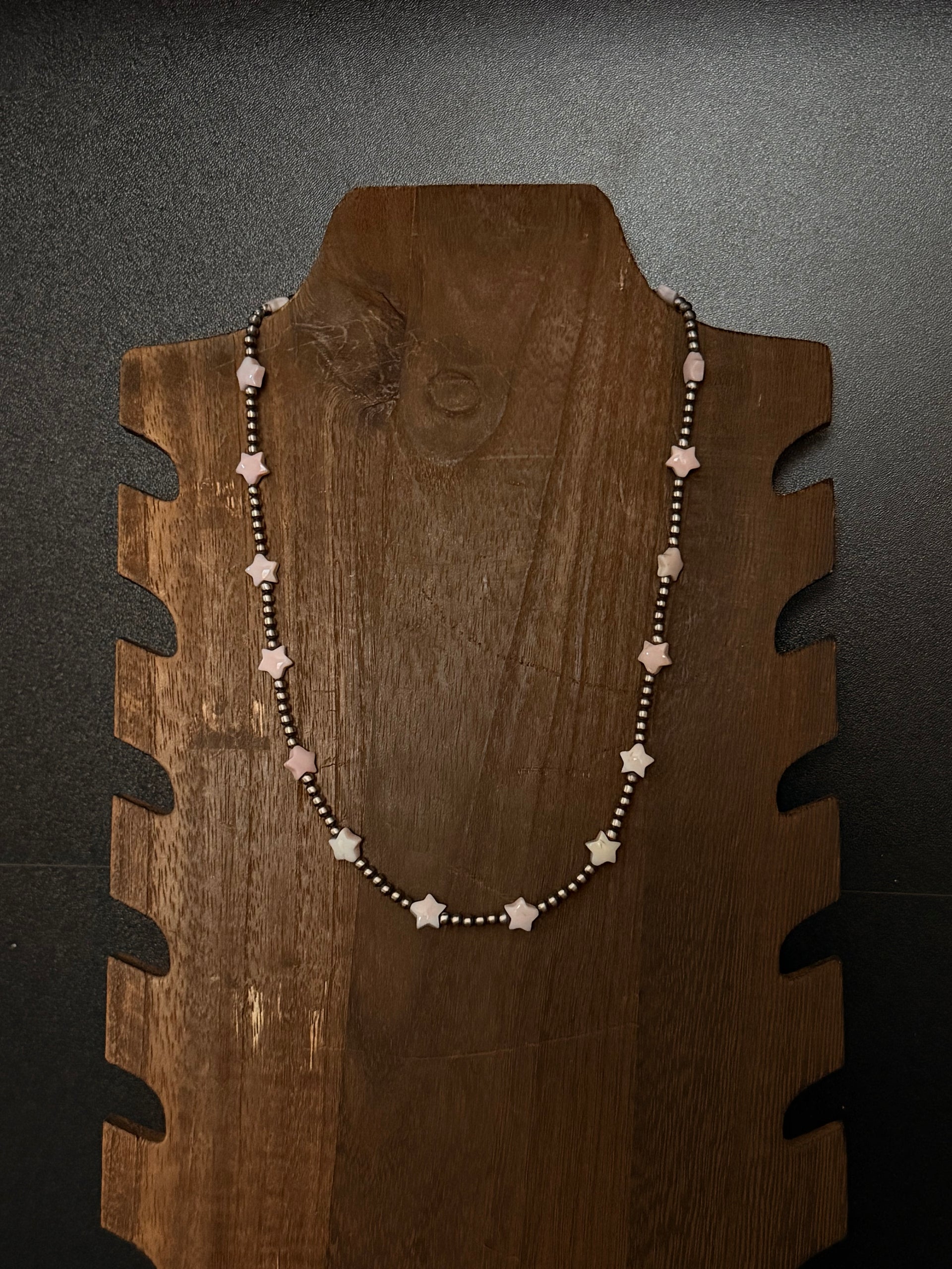 Navajo Strung Pink Conch & Sterling Silver Star Necklace