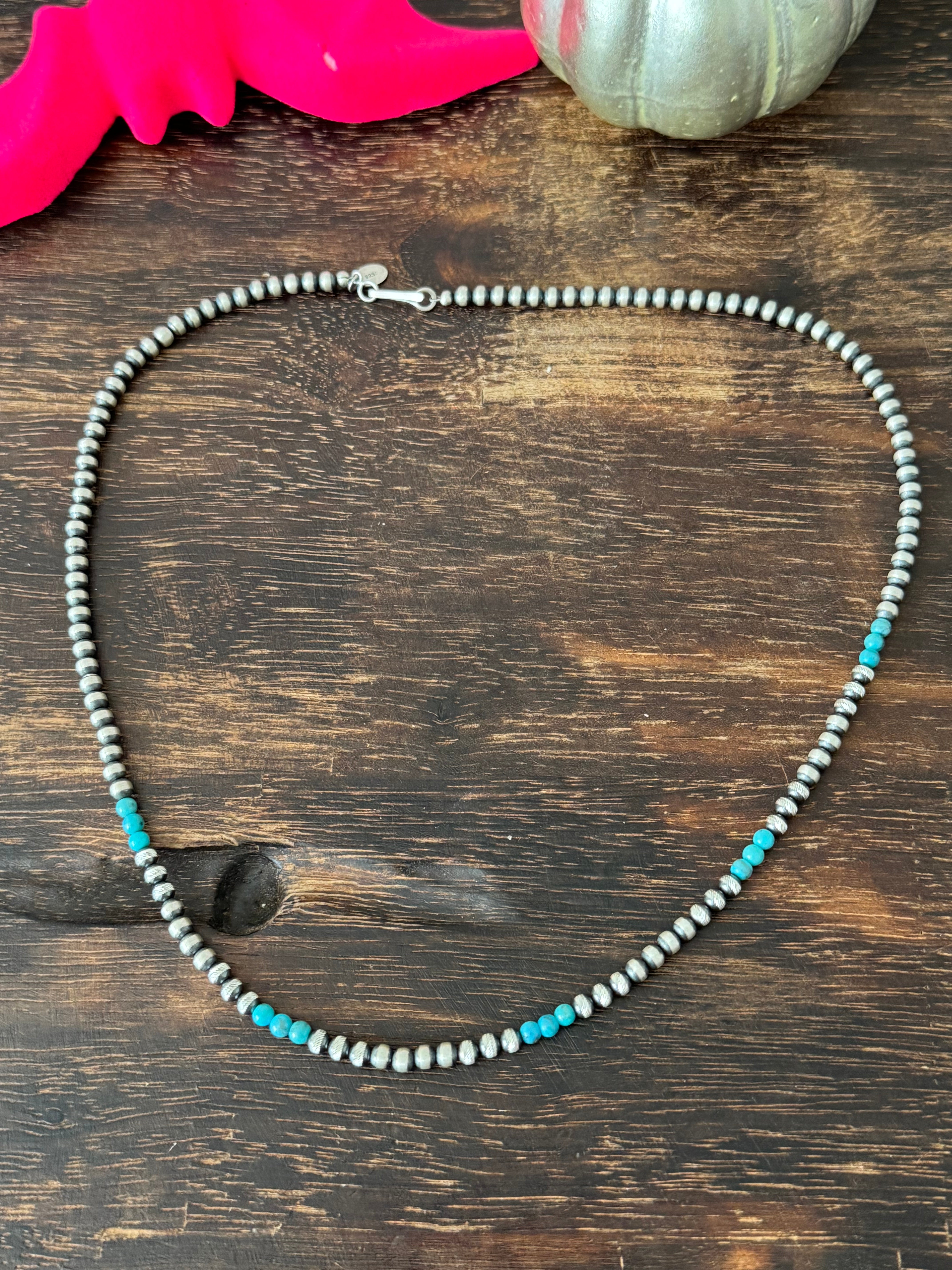 Navajo Strung Egyptian Turquoise & Sterling Silver 4MM Beaded Necklace