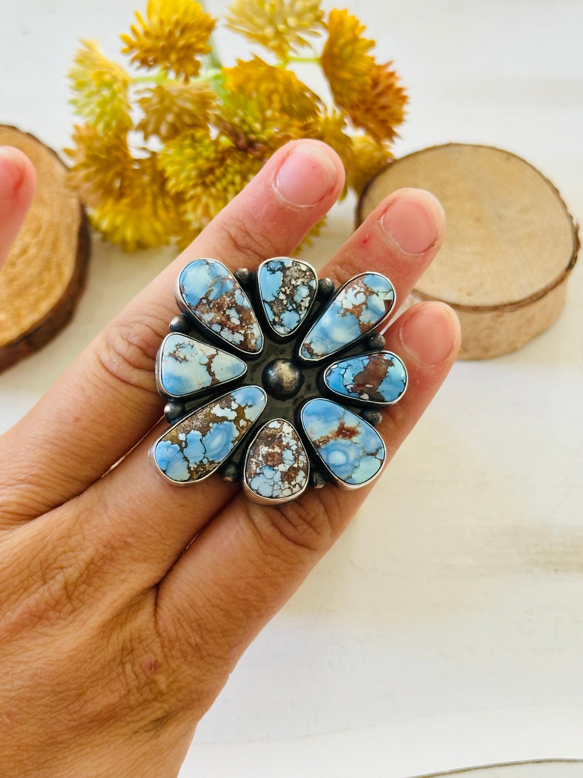 Navajo Made Golden Hills Turquoise & Sterling Silver Cluster Ring Size 6.25