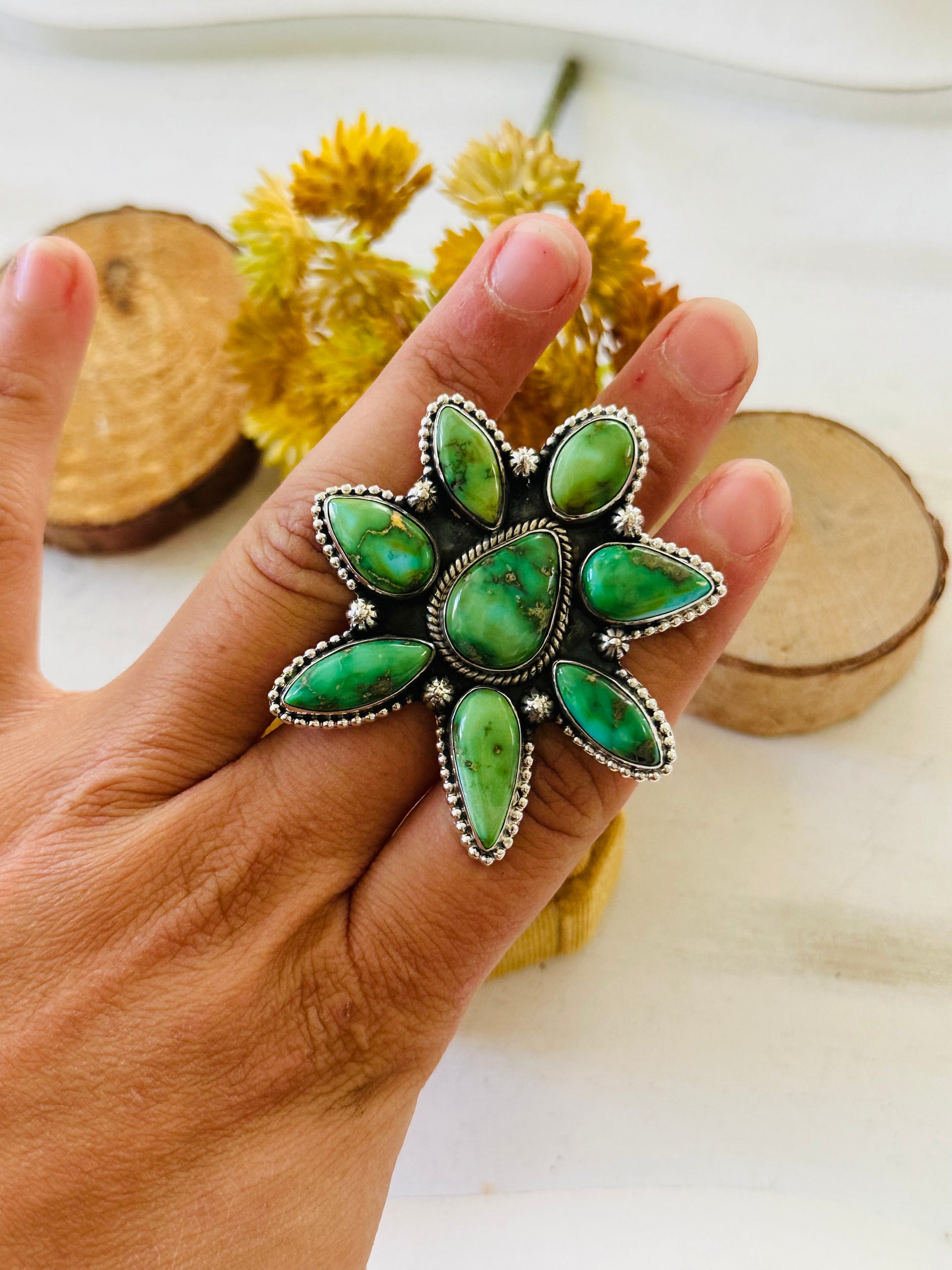 Southwest Handmade Sonoran Mountain Turquoise & Sterling Silver Adjustable Cluster Ring