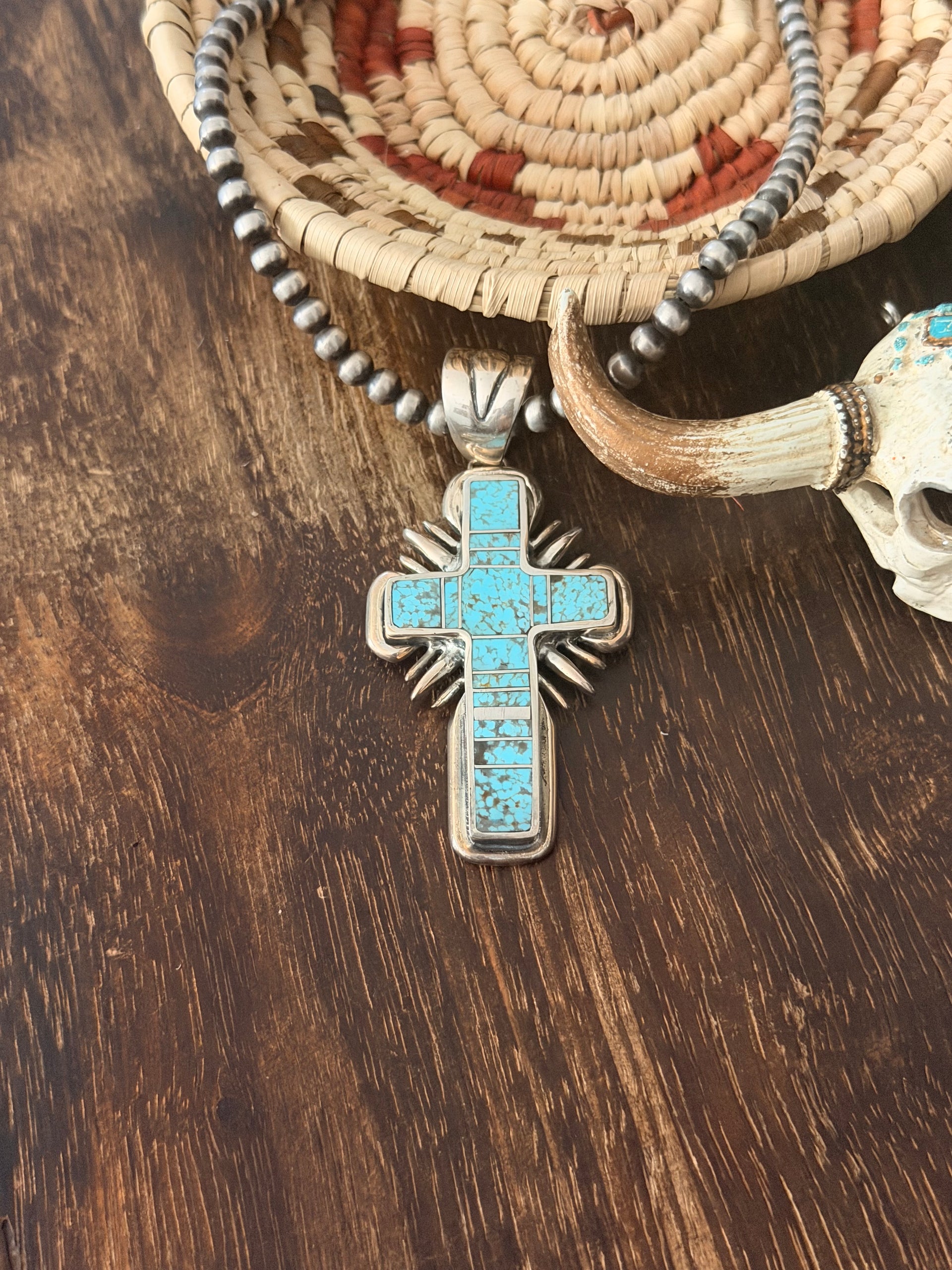 Navajo Made Mine 8 Turquoise & Sterling Silver Cross Pendant