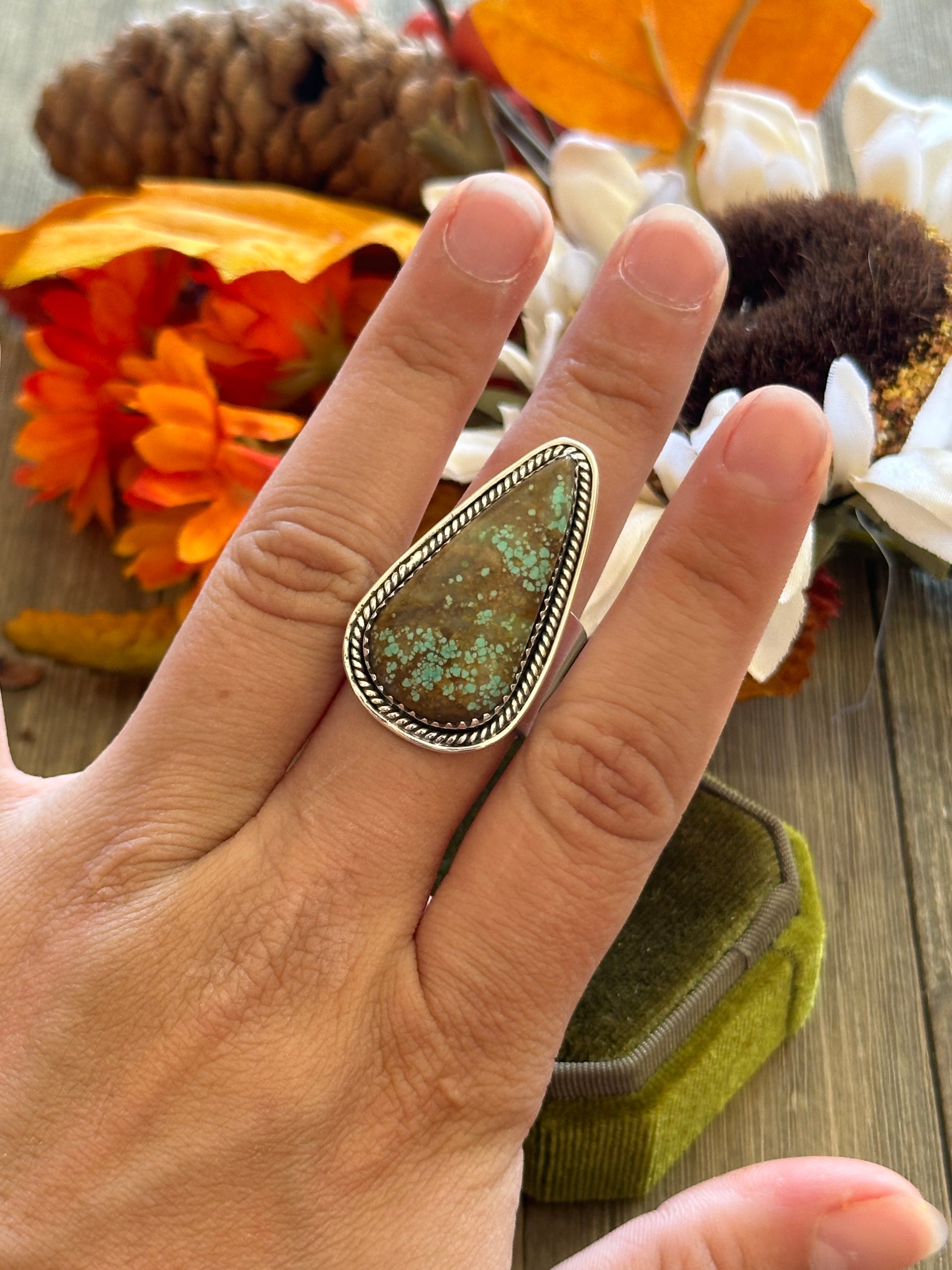 Southwest Handmade #8 Turquoise & Sterling Silver Adjustable Ring