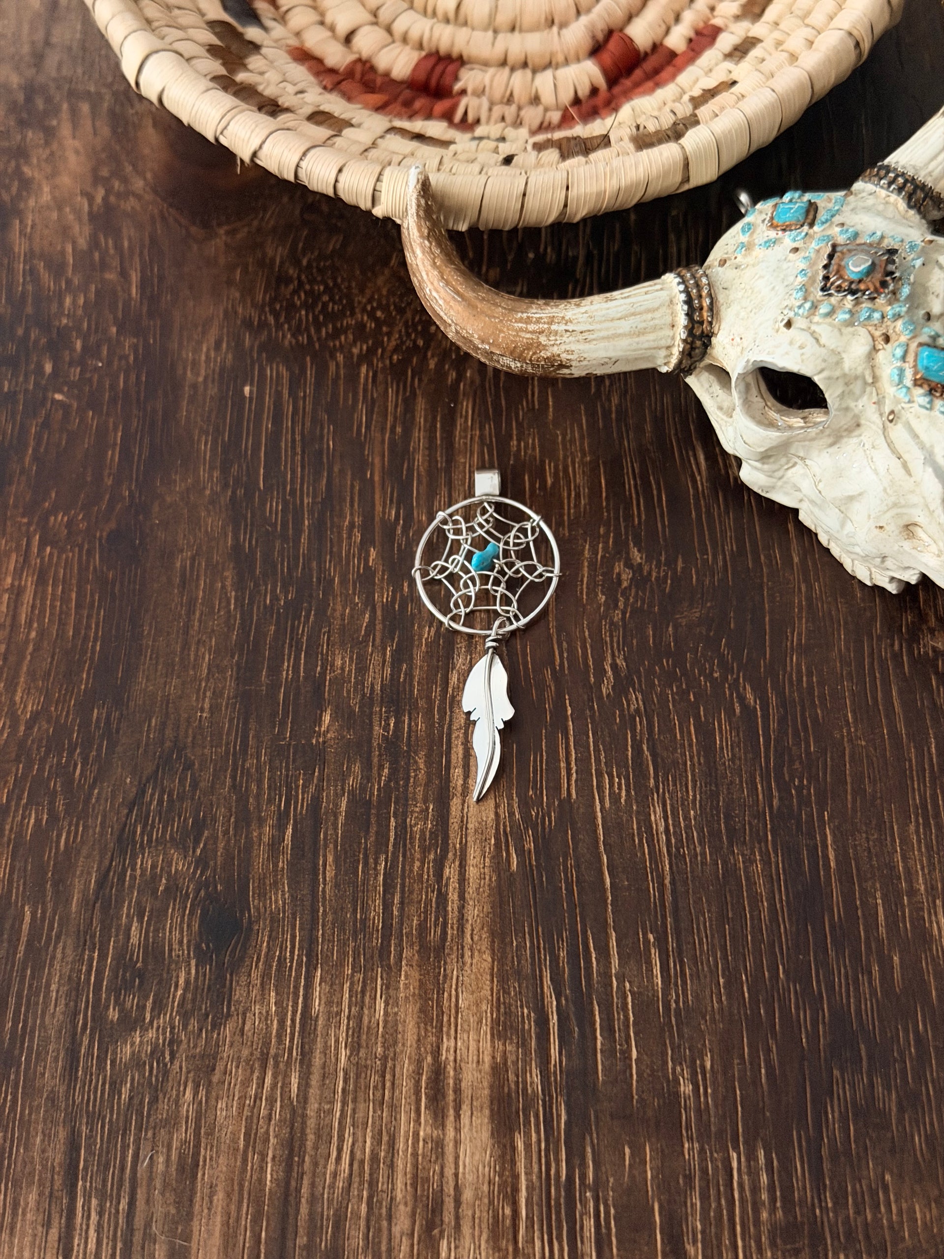 Navajo Made Sterling Silver Dream Catcher Feather Pendant