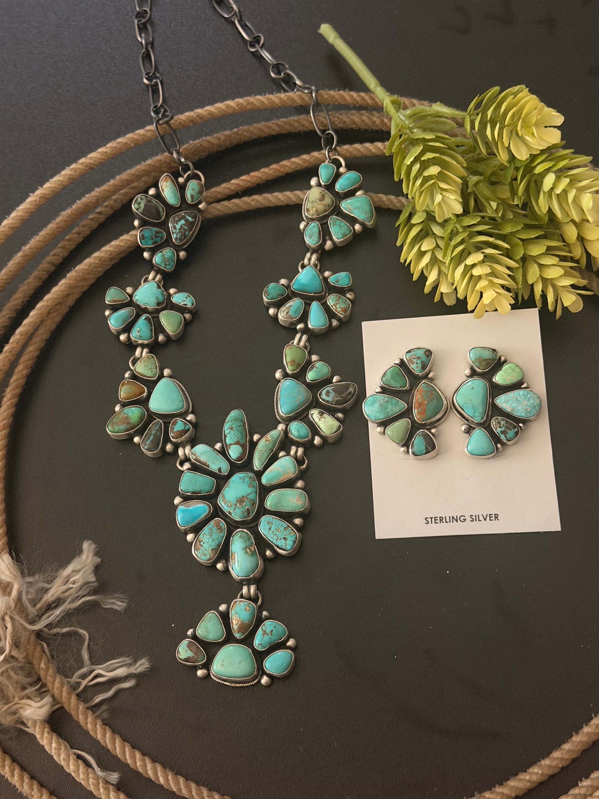 Betty Tom Mixed Turquoise & Sterling Silver Cluster Necklace Set