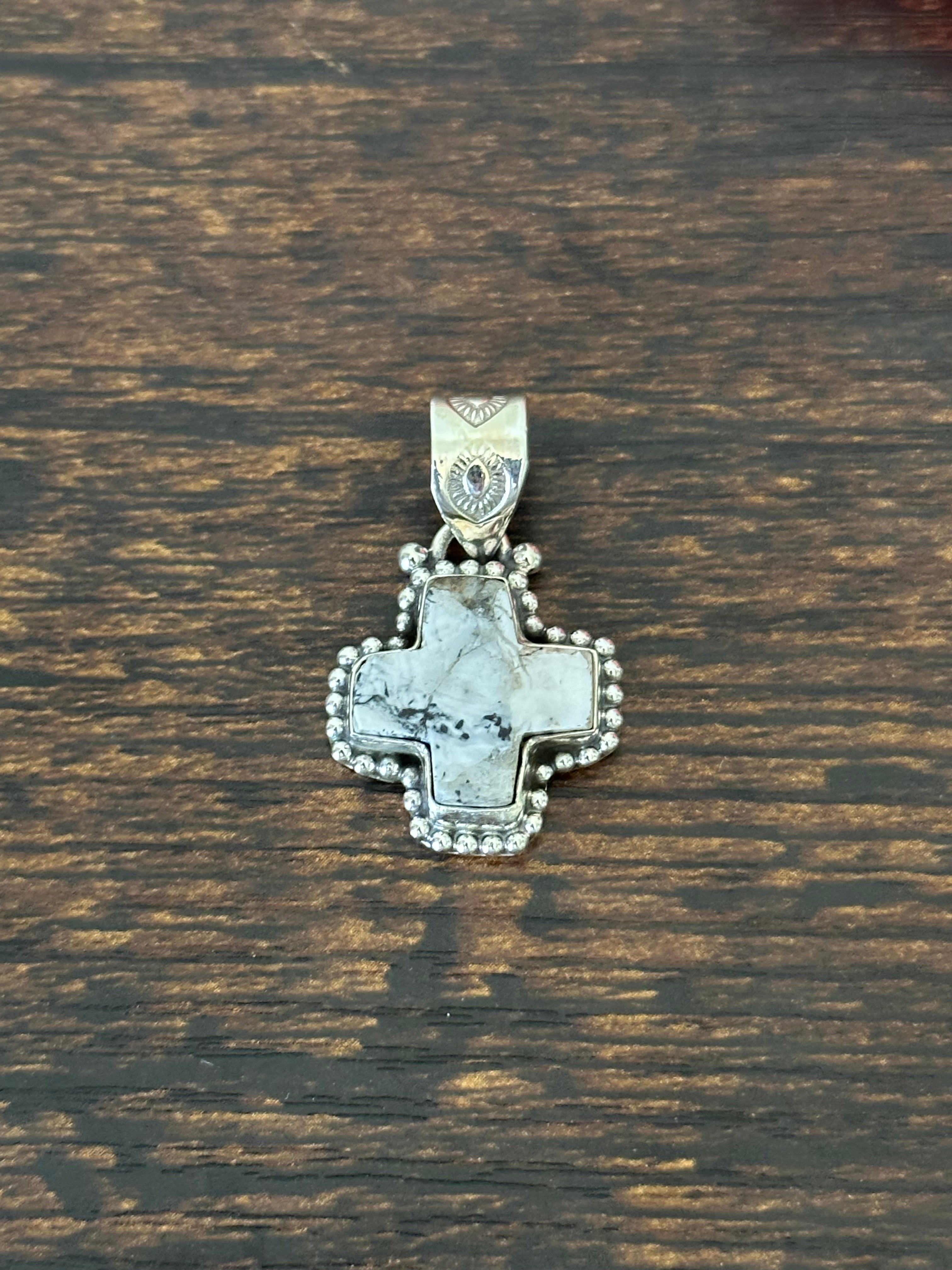 Southwest Handmade White Buffalo & Sterling Silver Cross Pendant
