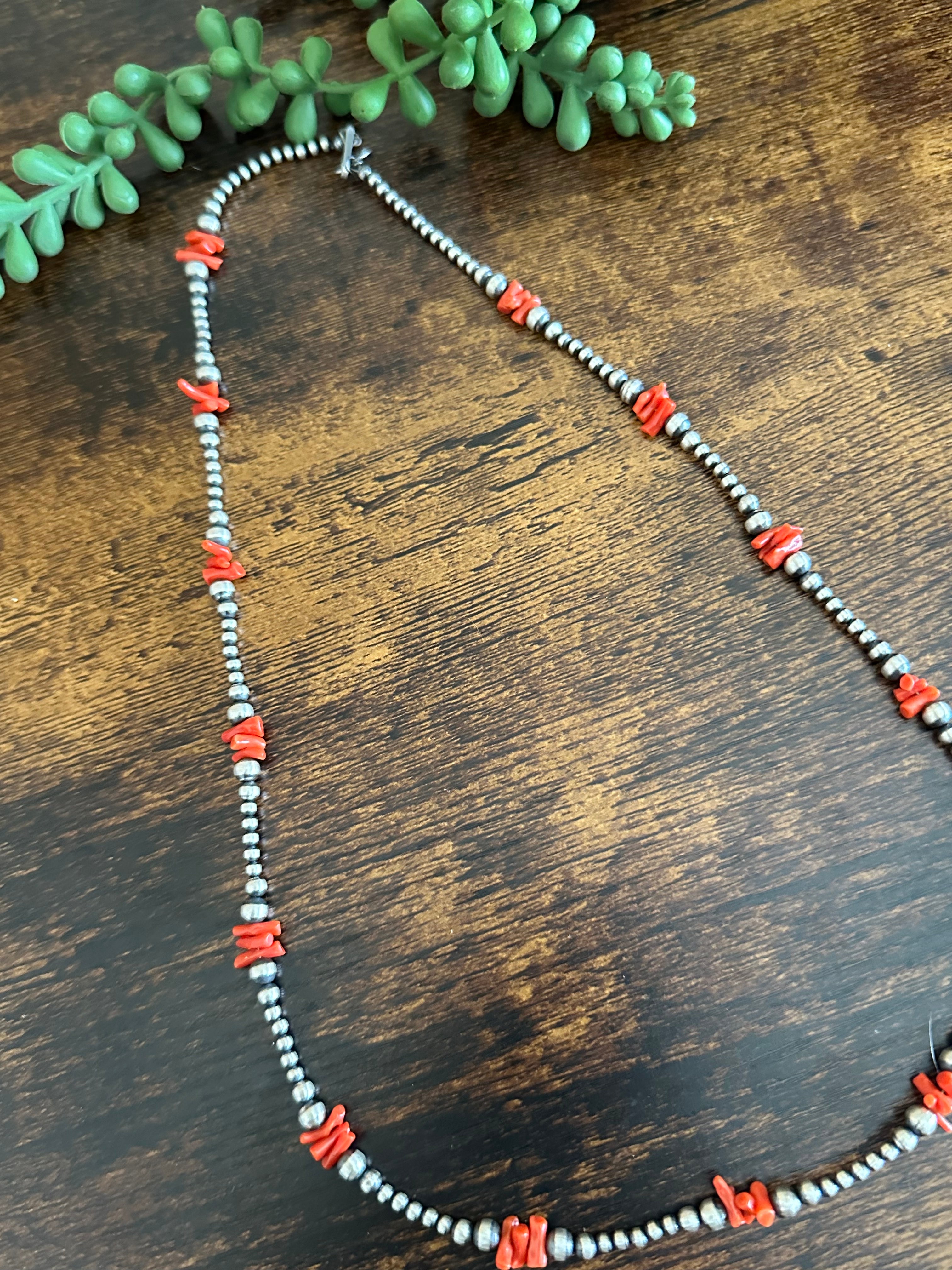 Navajo Strung Red Coral & Sterling Silver Graduated Pearls Beaded Necklace