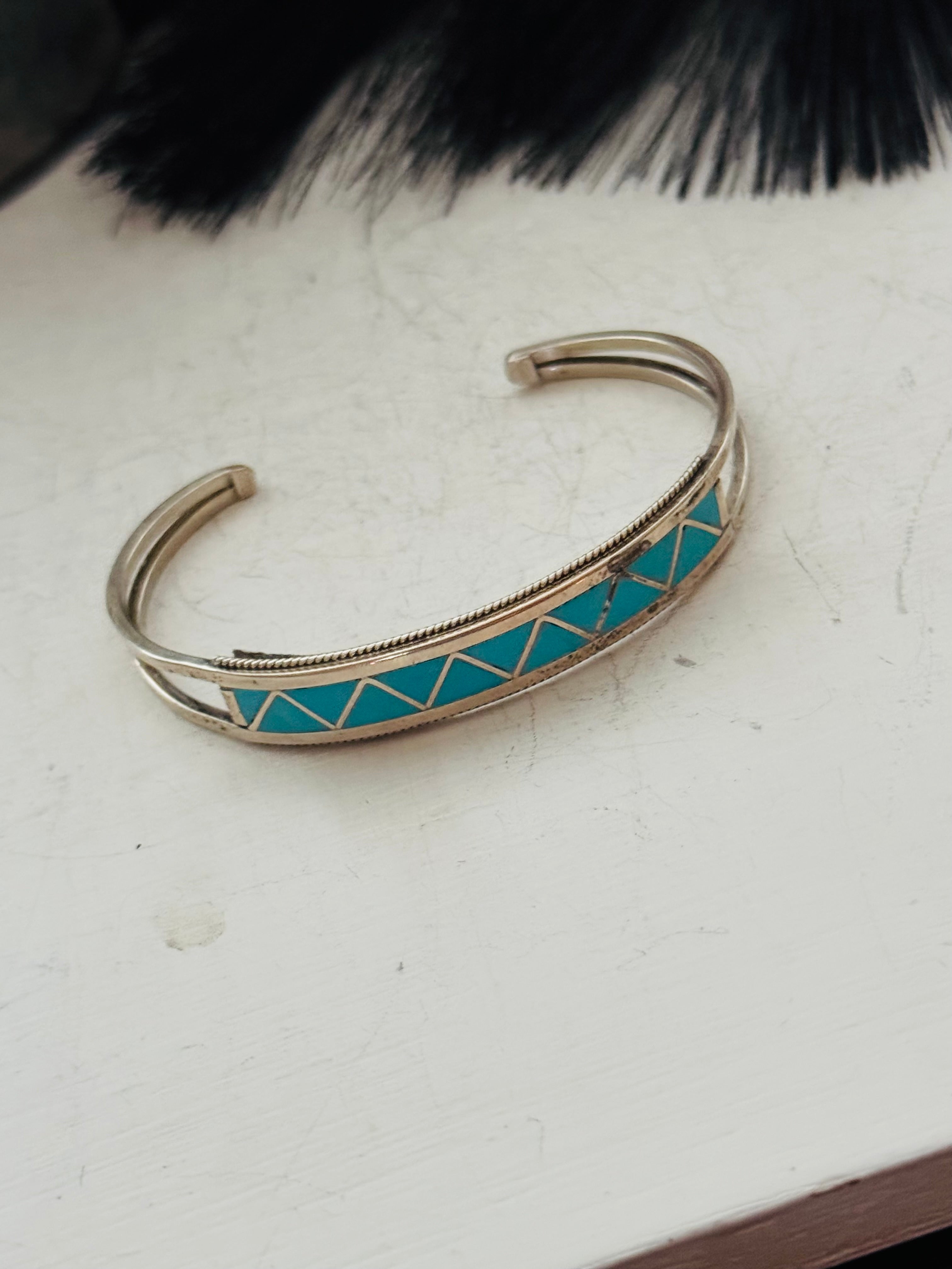 Zuni Made Kingman Turquoise & Sterling Silver Inlay Cuff Bracelet