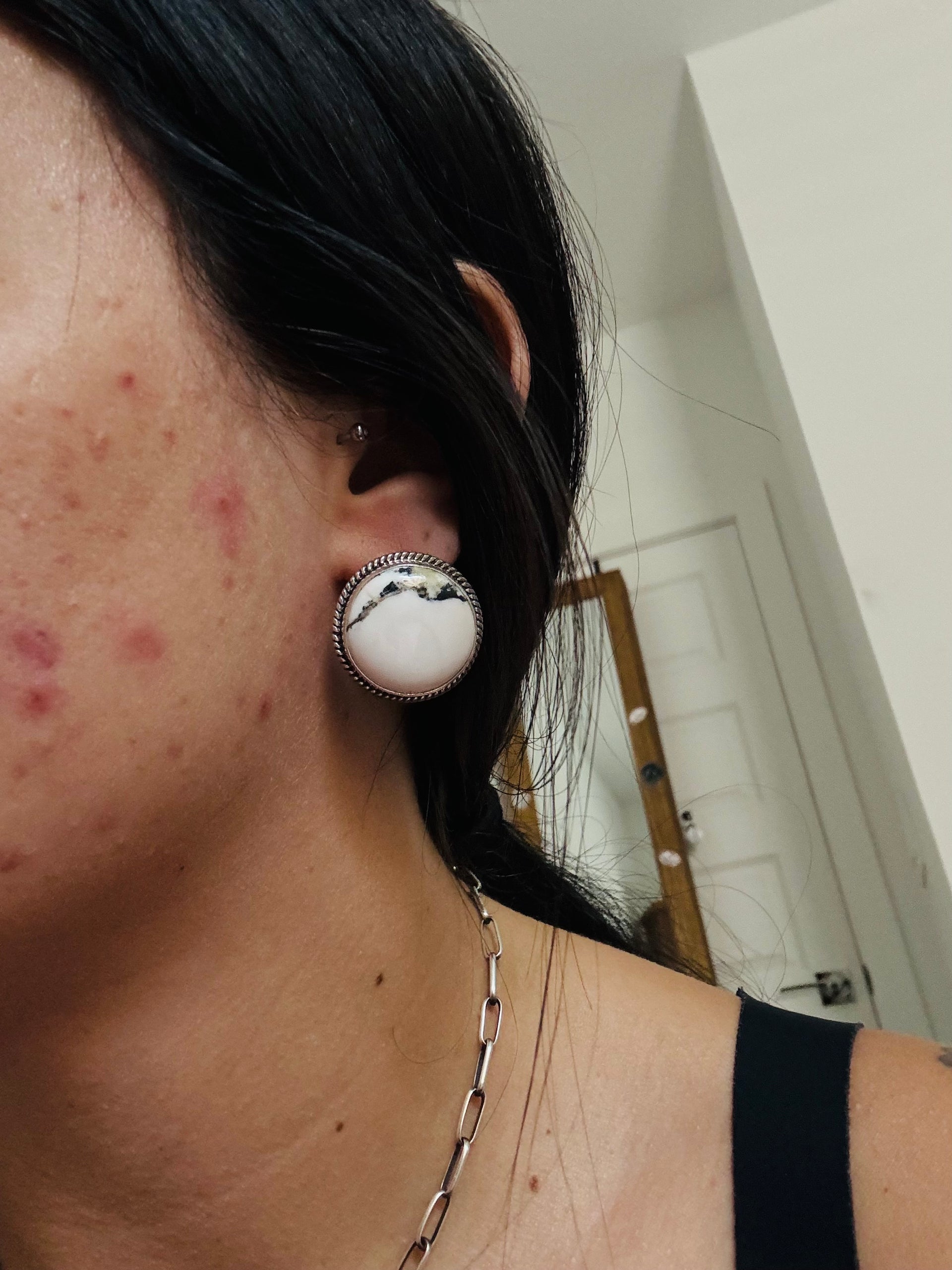 Navajo Made White Buffalo & Sterling Silver Post Earrings