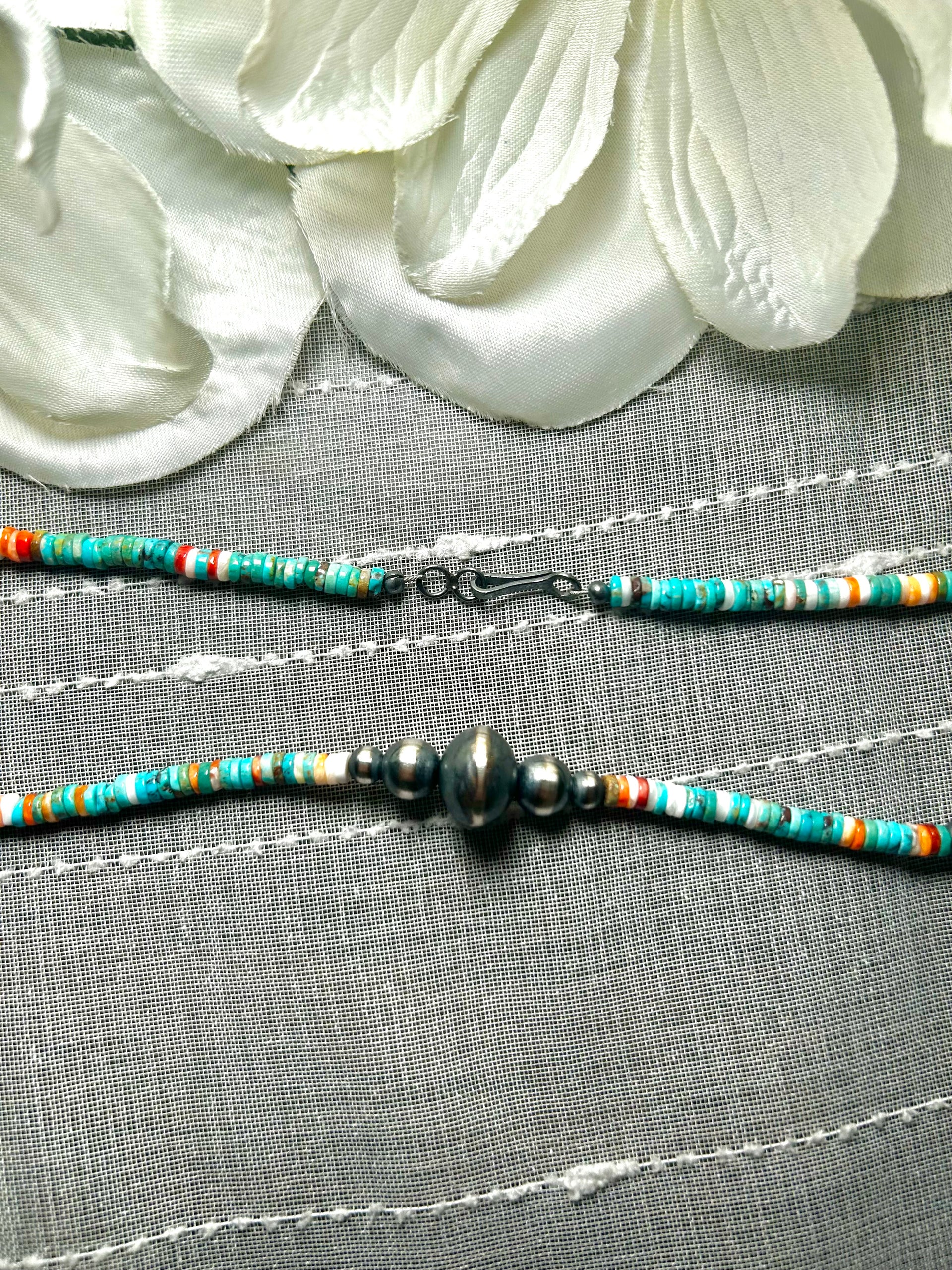 Navajo Made Strung Multi Stone & Sterling Silver Necklace