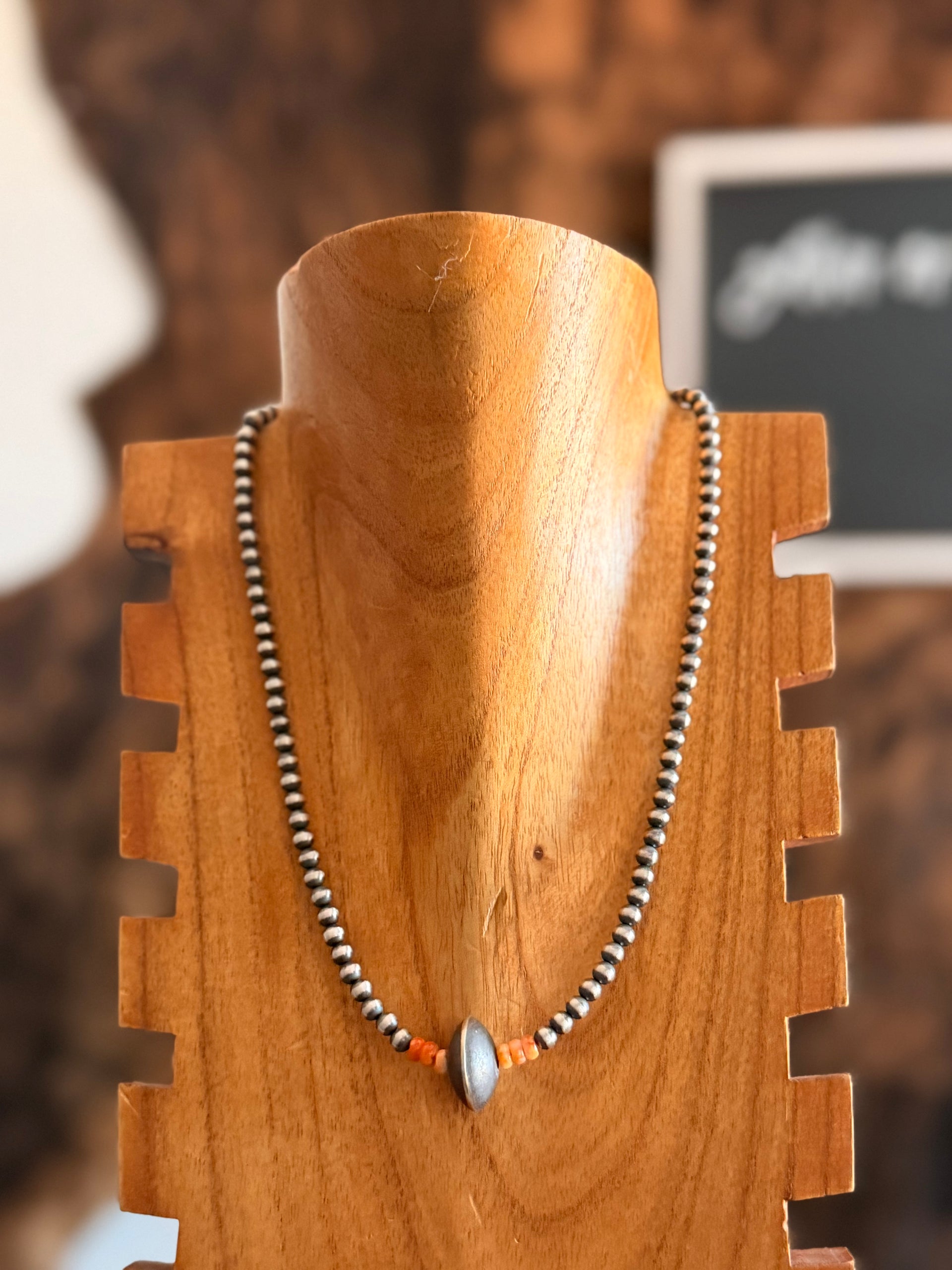 Navajo Strung Spiny Oyster & Sterling Silver Graduated & Saucer Pearl Necklace