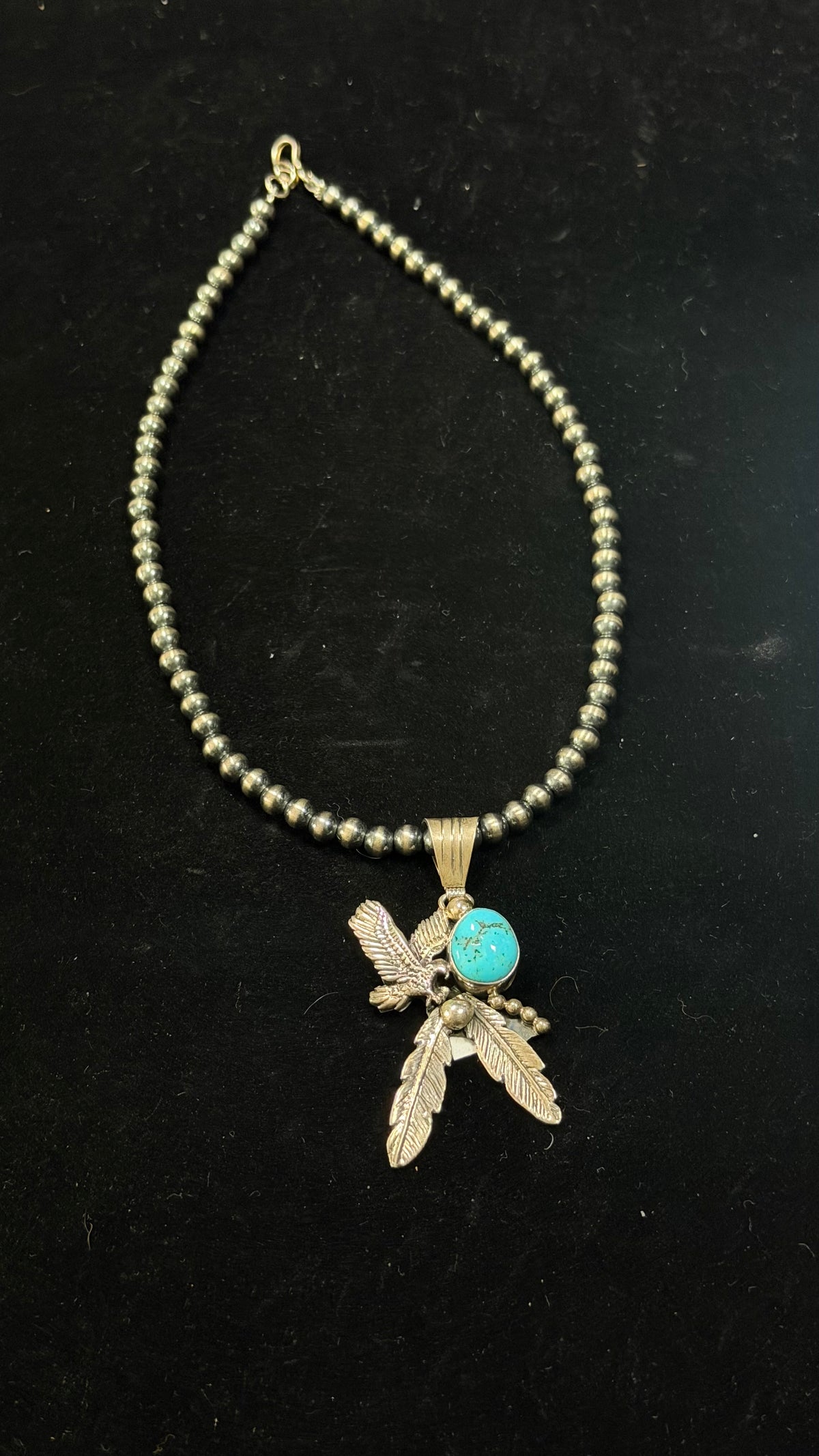Navajo Made Kingman Turquoise & Sterling Silver Machine Made Pearl Necklace/Pendant