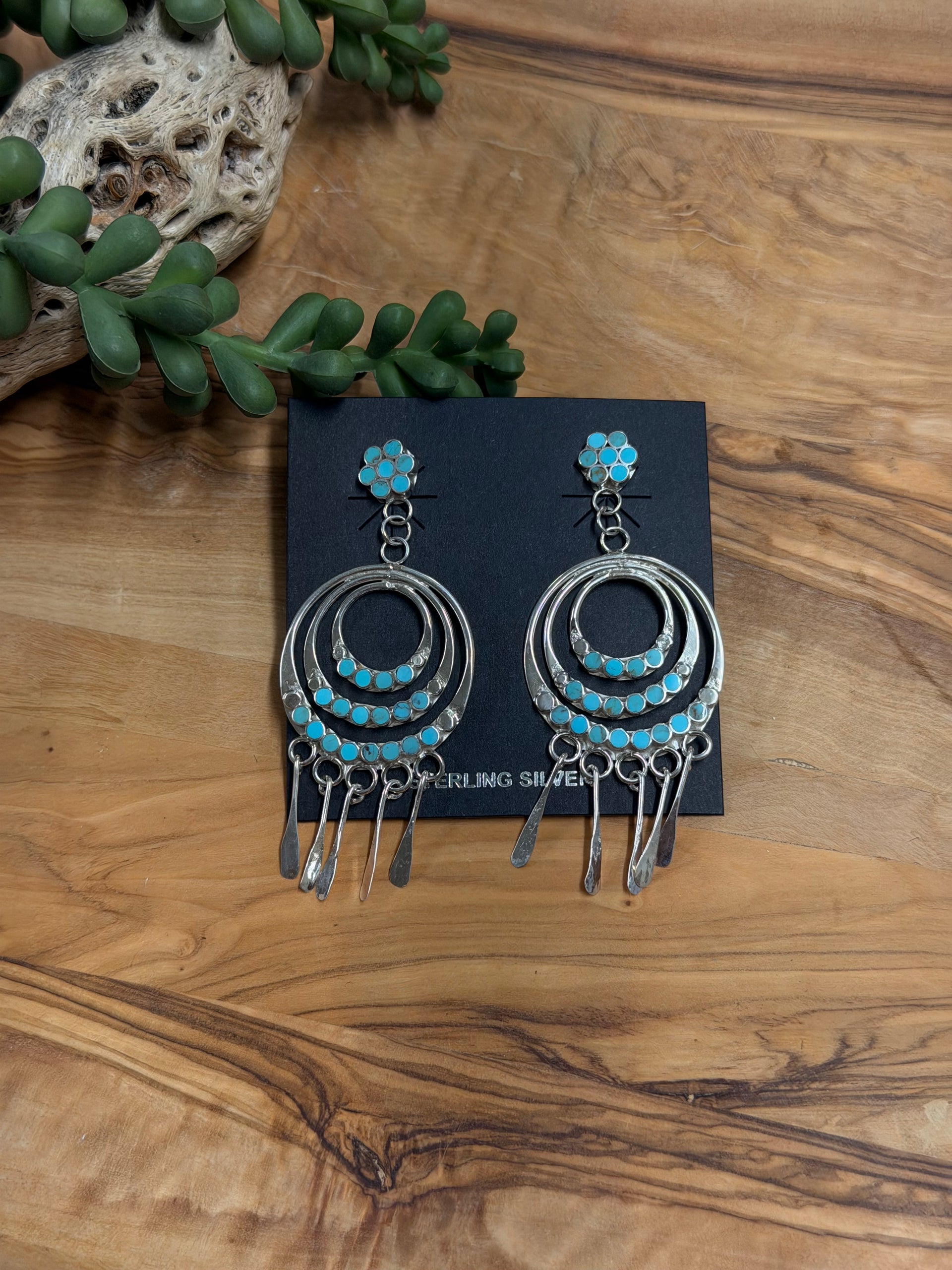Zuni Made Kingman Turquoise & Sterling Silver Post Dangle Earrings