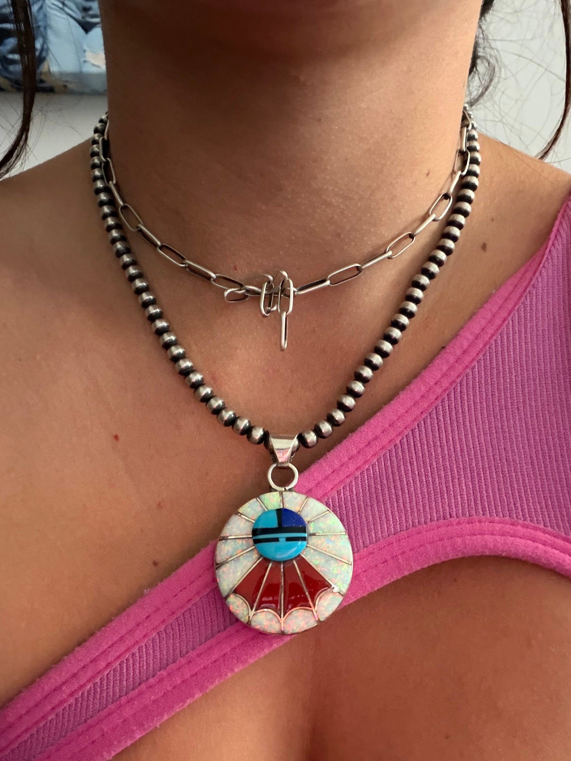 Zuni Made Multi Stone & Sterling Silver Inlay Sunface Pendant