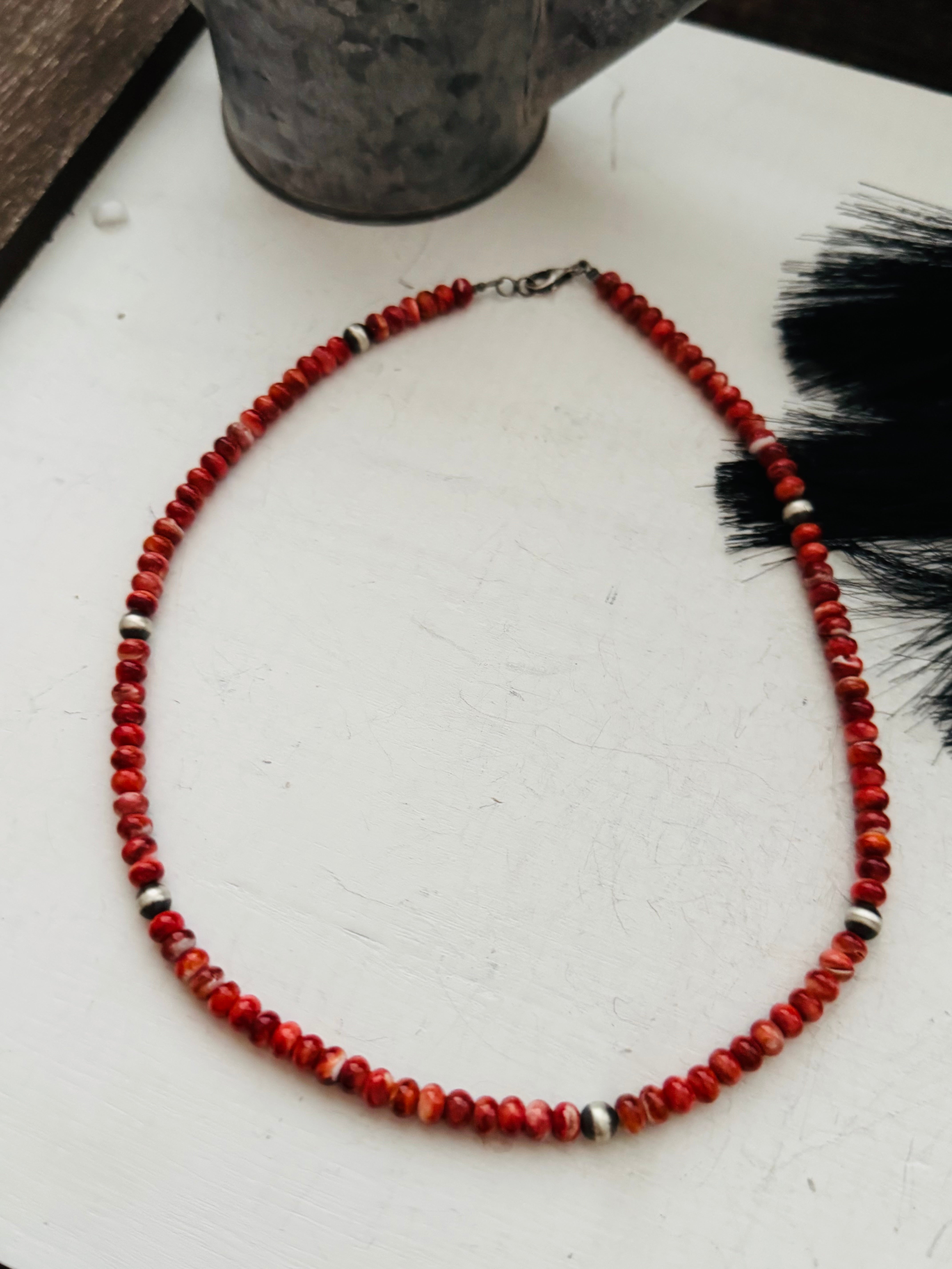 Theresa Skeets Red Spiny Oys & Sterling Silver Beaded Pearl Necklace