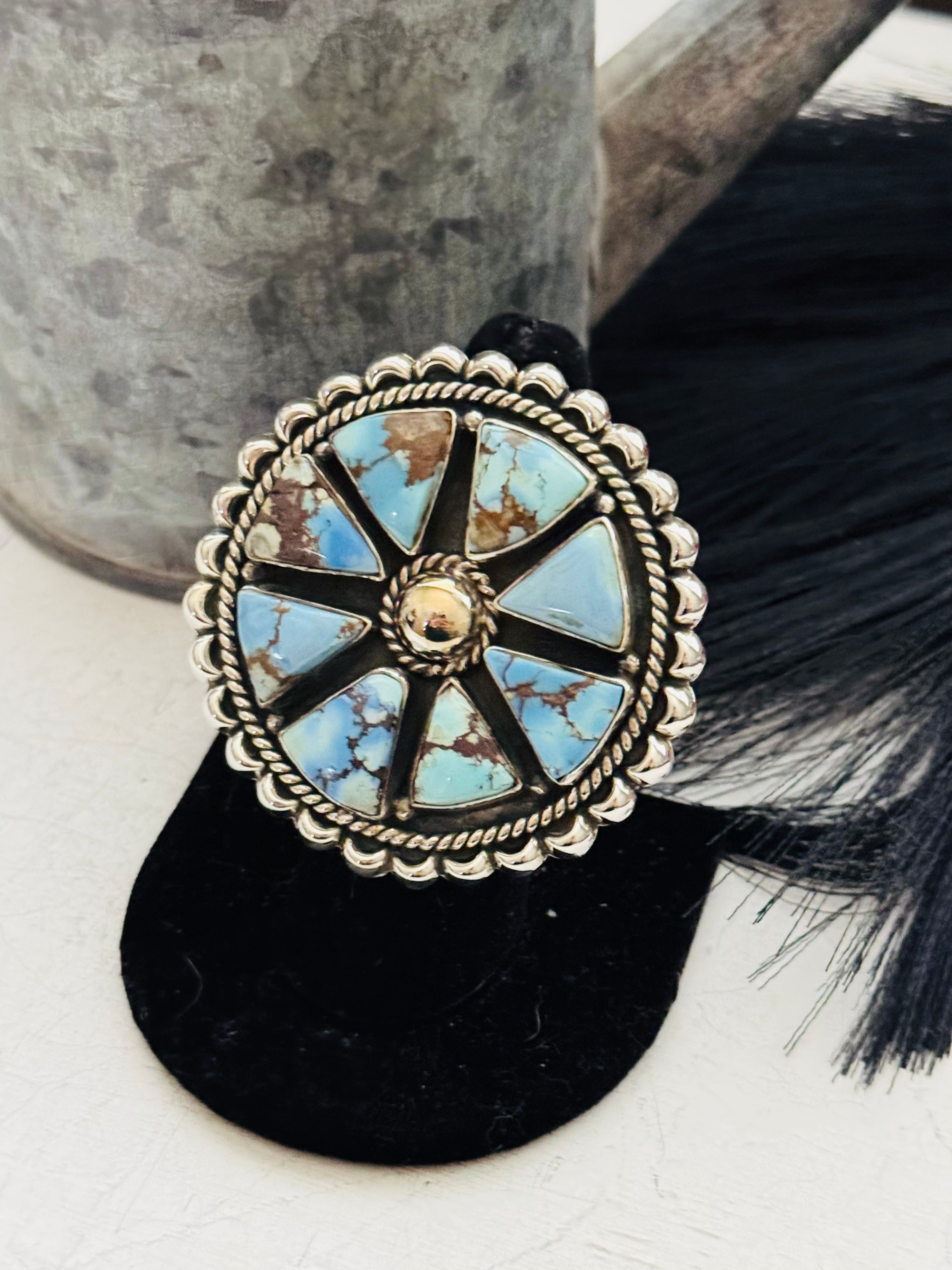 Southwest Handmade Golden Hills Turquoise & Sterling Silver Adjustable Cluster Ring