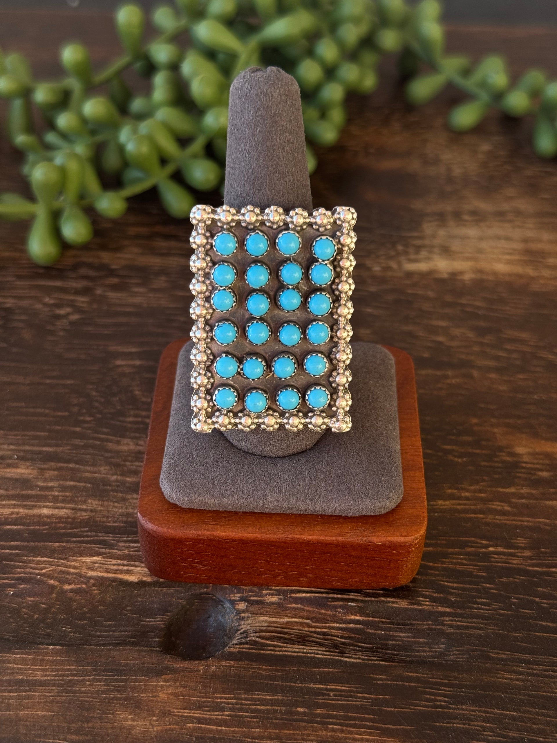 Navajo Made Turquoise & Sterling Silver Cluster Ring Size 10.25