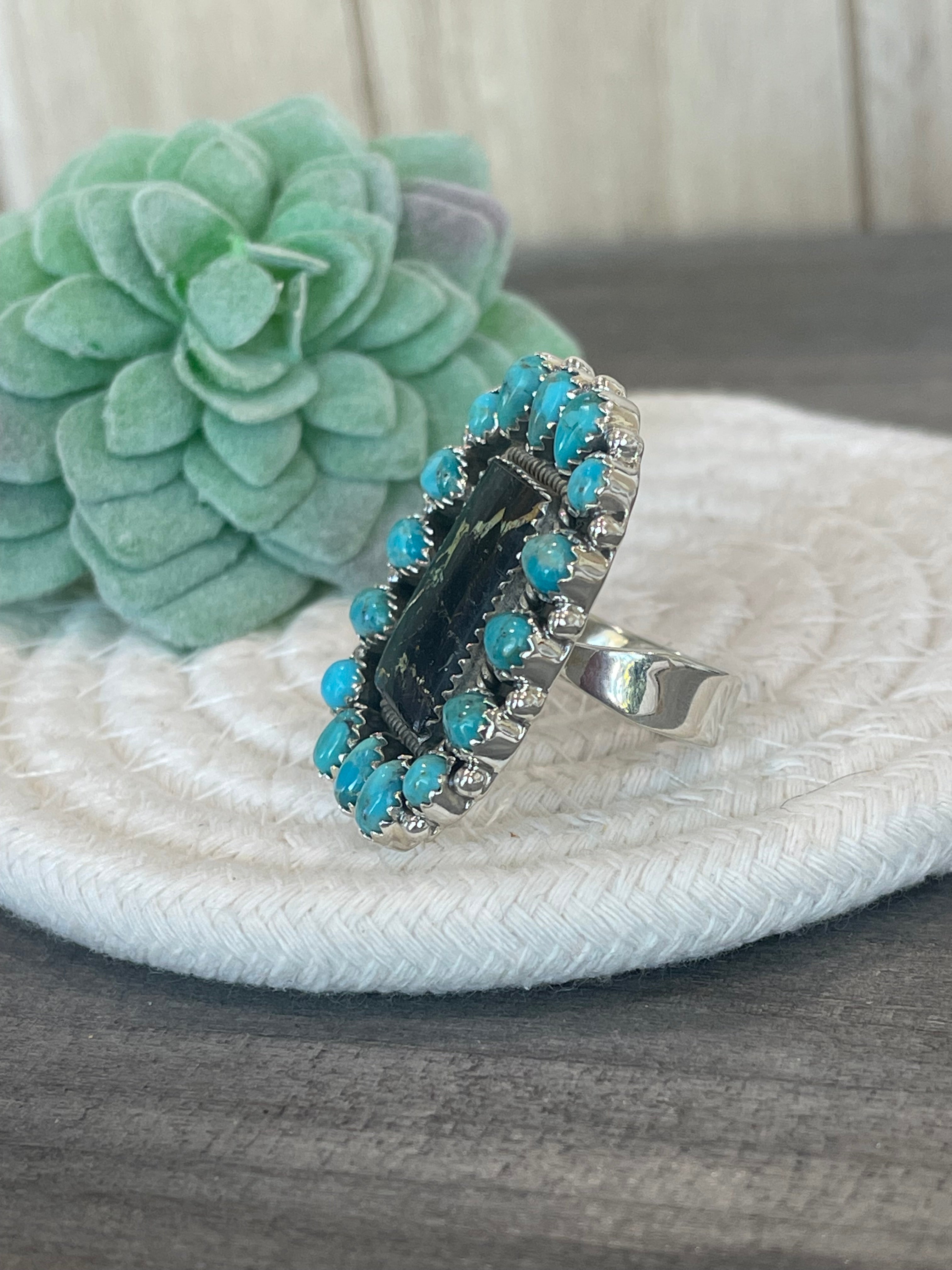 Southwest Handmade BlackJack Turquoise And Kingman Turquoise & Sterling Silver Adjustable Ring