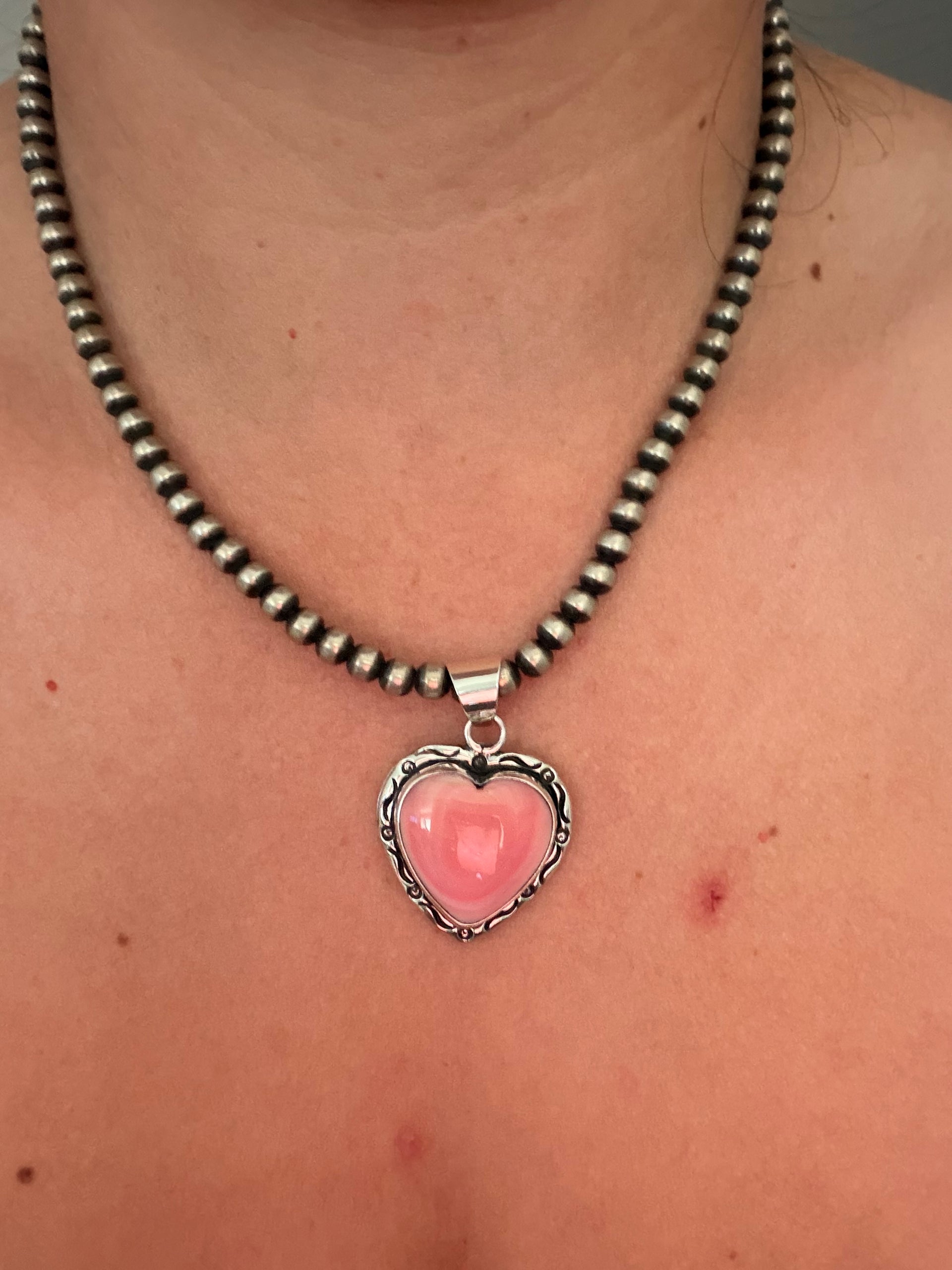 Navajo Made Pink Conch & Sterling Silver Heart Pendant