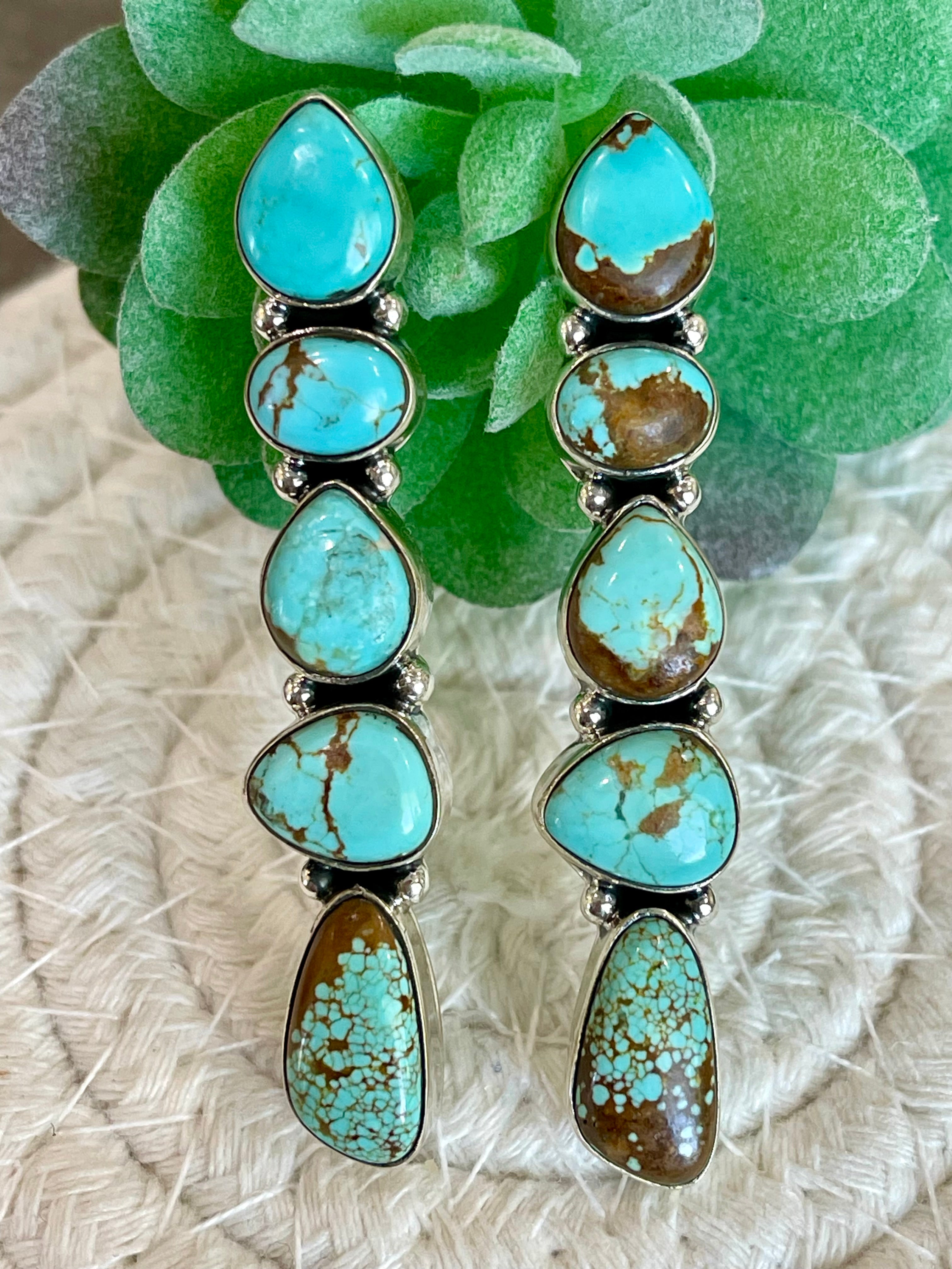 Southwest Handmade Number 8 Turquoise & Sterling Silver 5 Stone Post Earrings