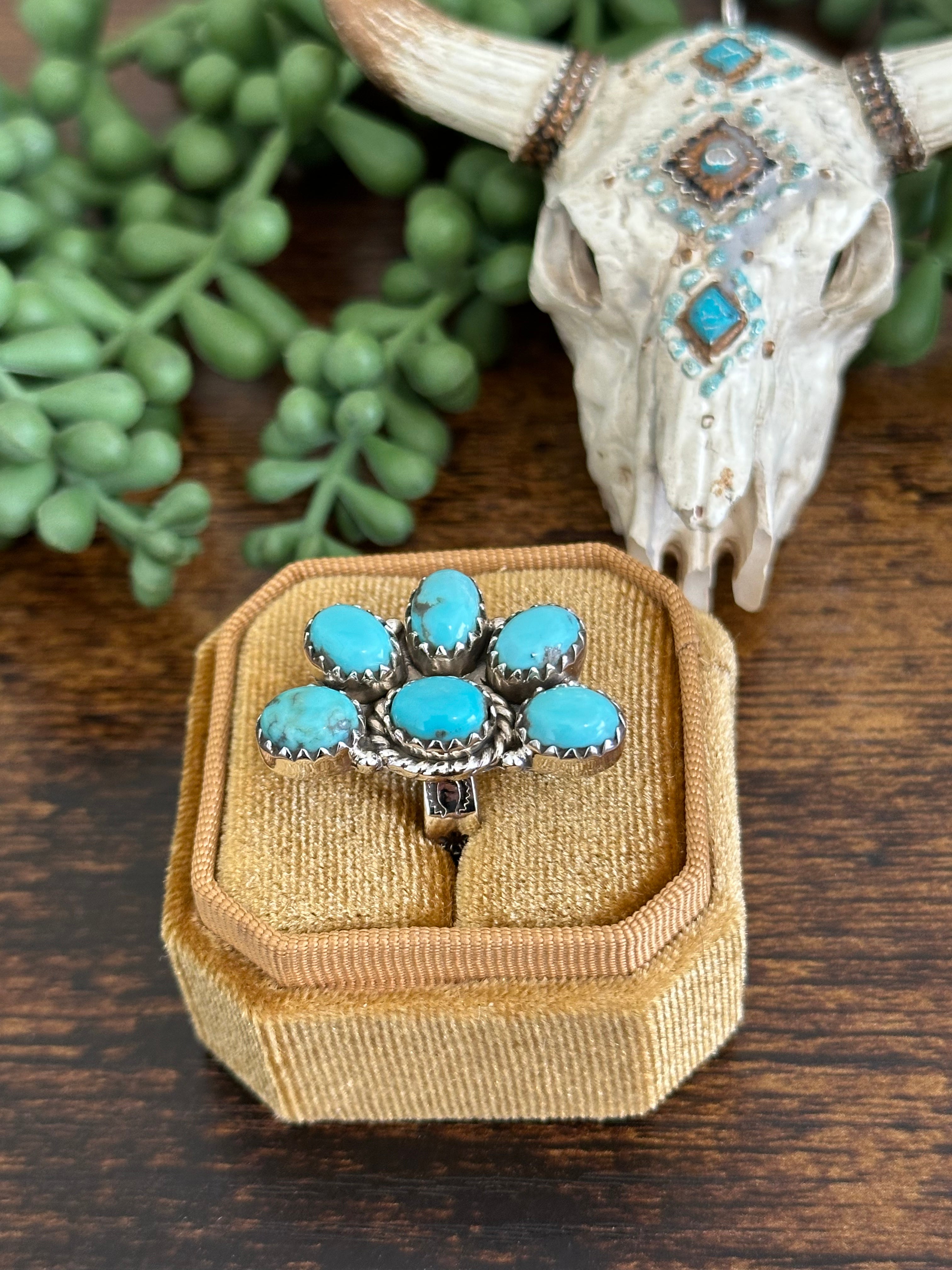 Southwest Handmade Kingman Turquoise & Sterling Silver Adjustable Cluster Ring