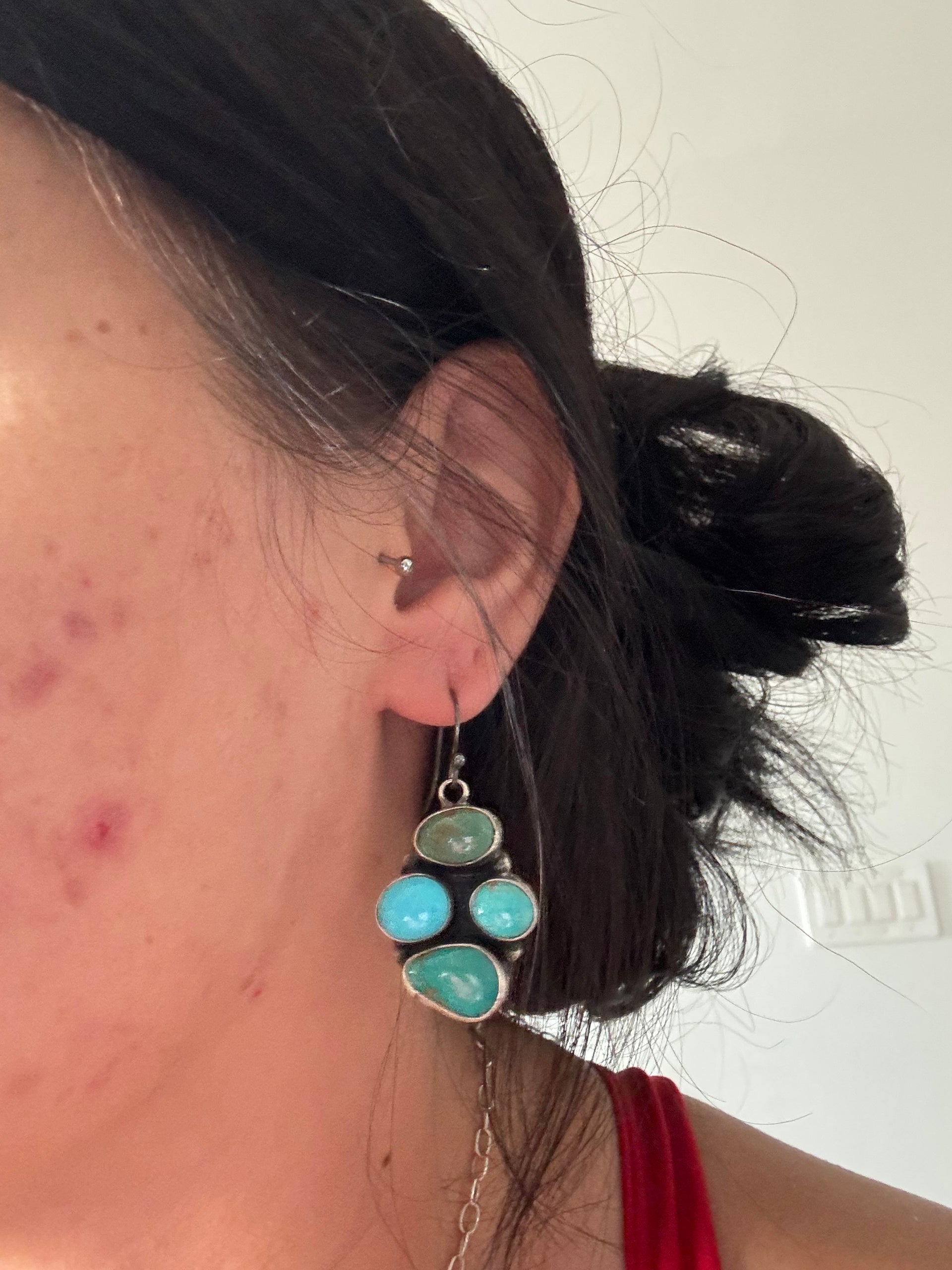 Lydia Begay Kingman Turquoise & Sterling Silver Dangle Cluster Earrings