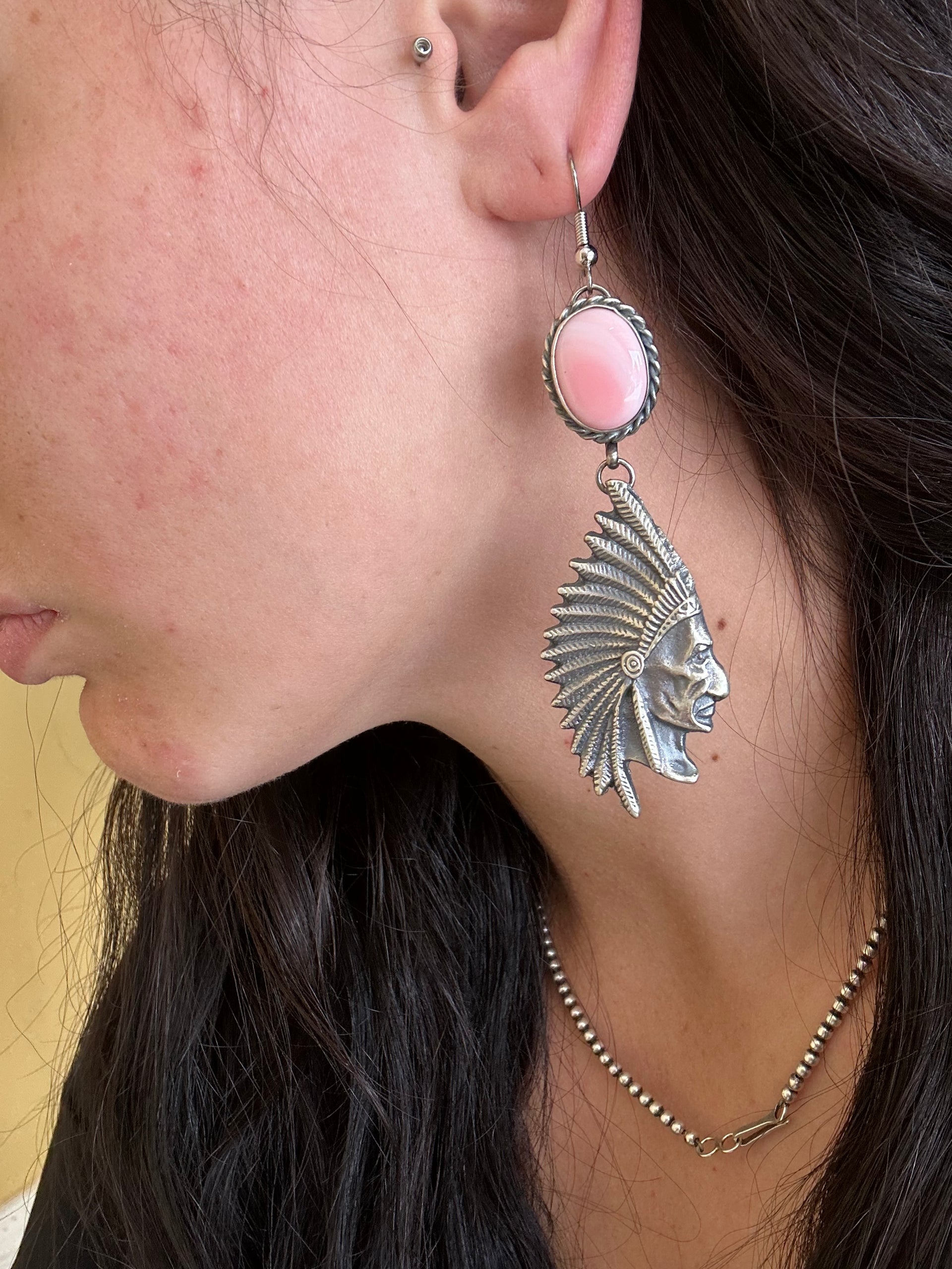 Navajo Handmade Pink Conch & Sterling Silver Dangle Earrings