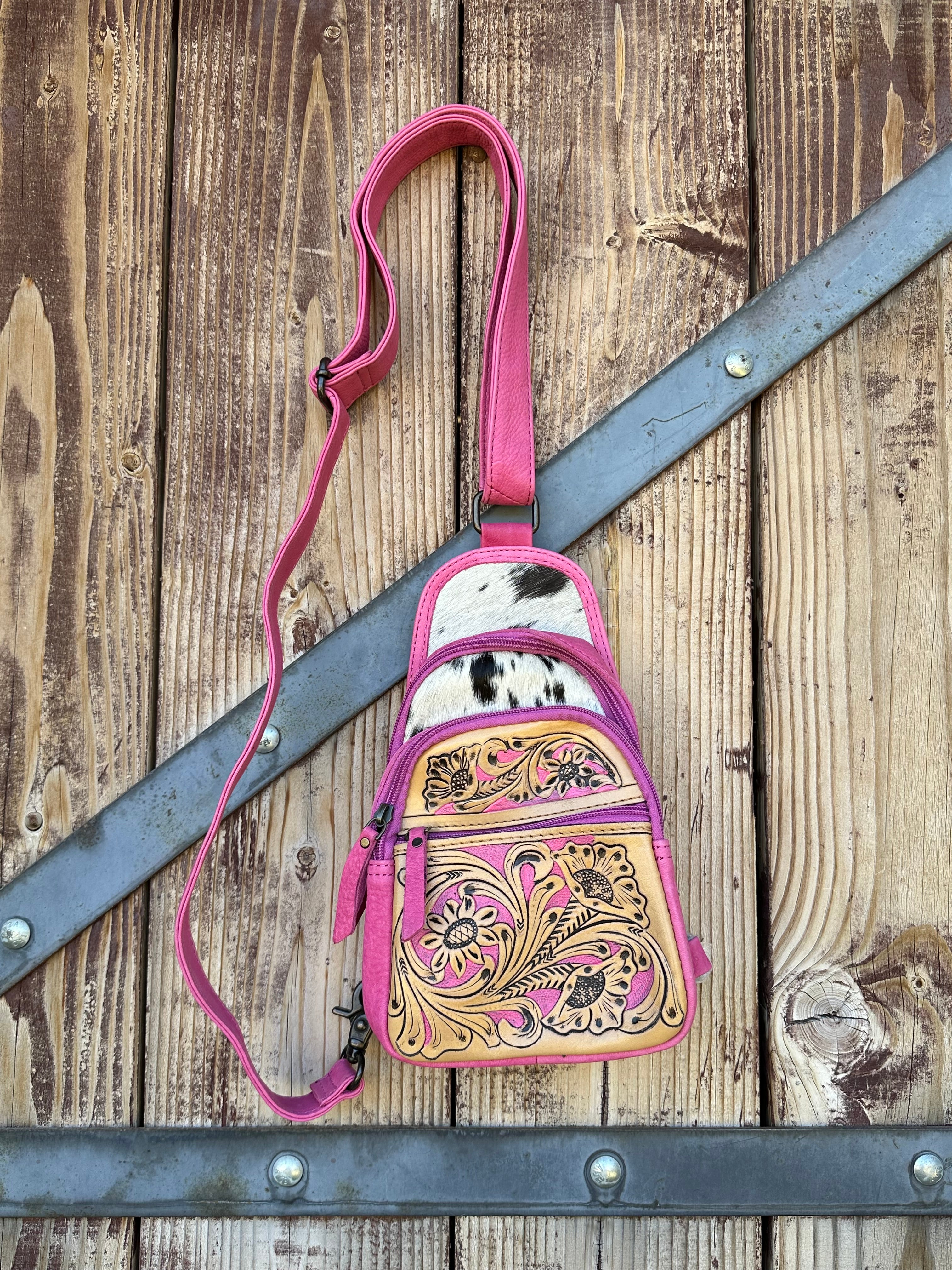 Genuine Tooled Leather & Cowhide Cross Body Purse/Pack