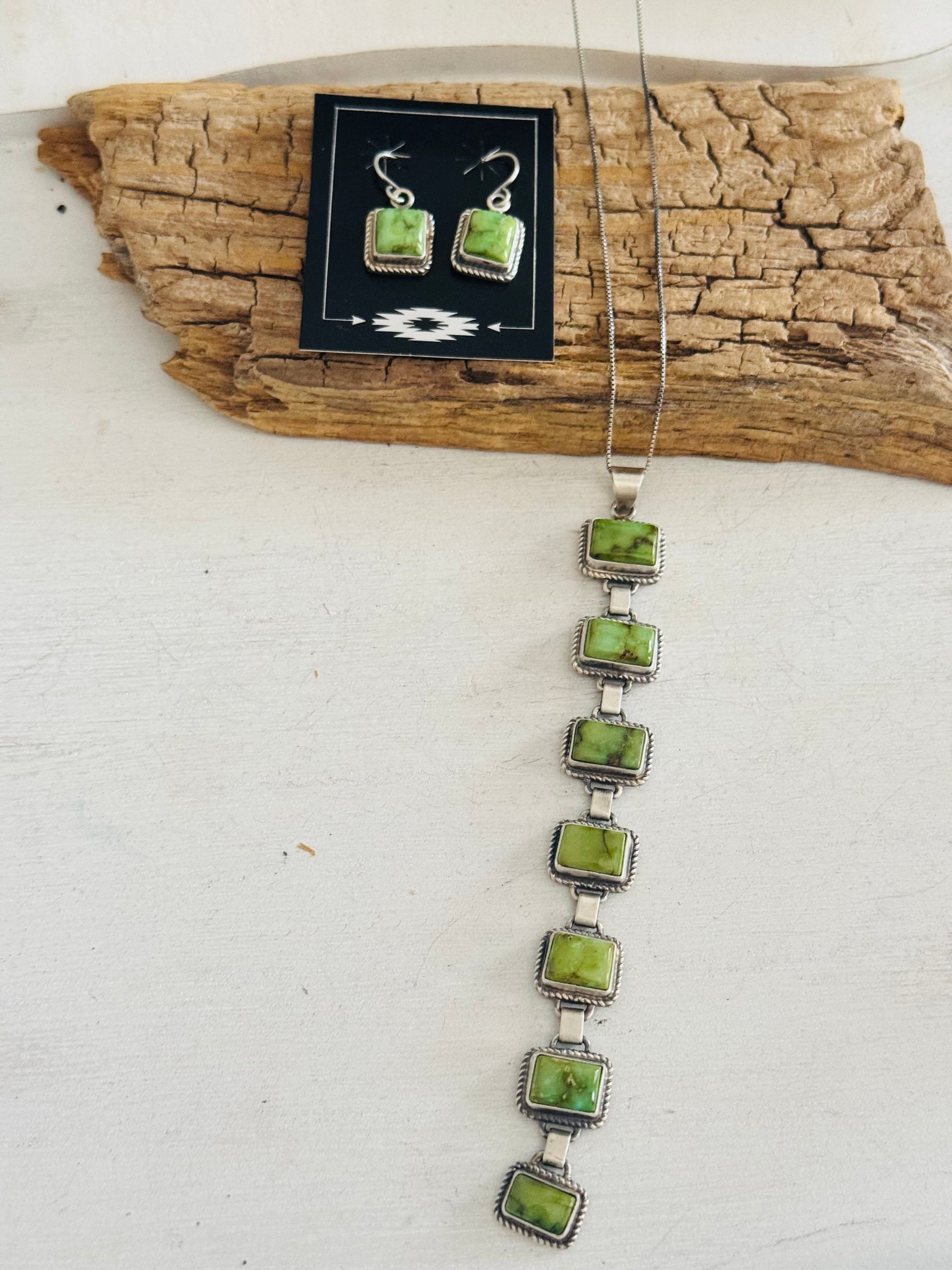 Navajo Made Sonoran Gold Turquoise & Sterling Silver Lariat Necklace Set