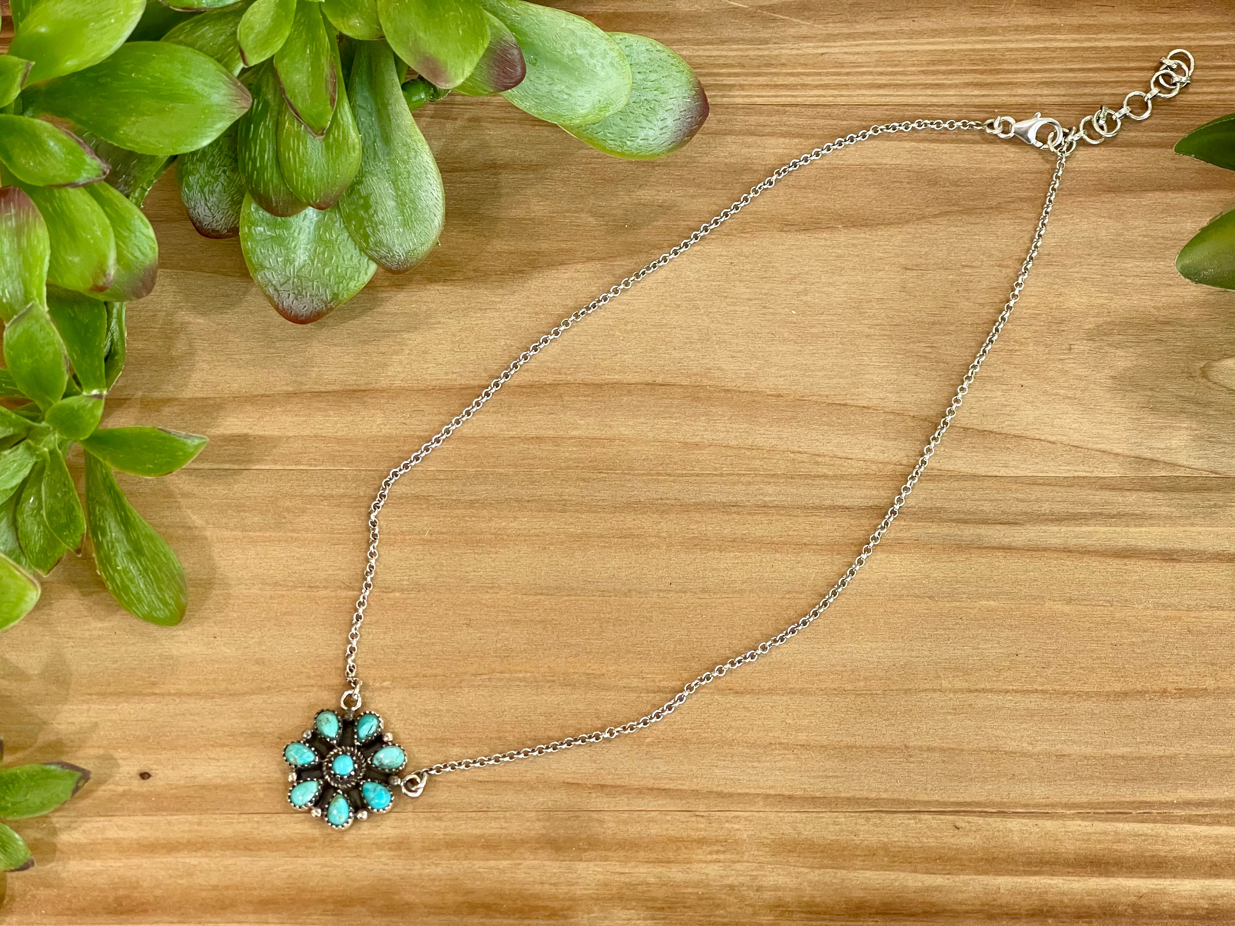 Southwest Handmade Kingman Turquoise & Sterling Silver Cluster Flower Necklace