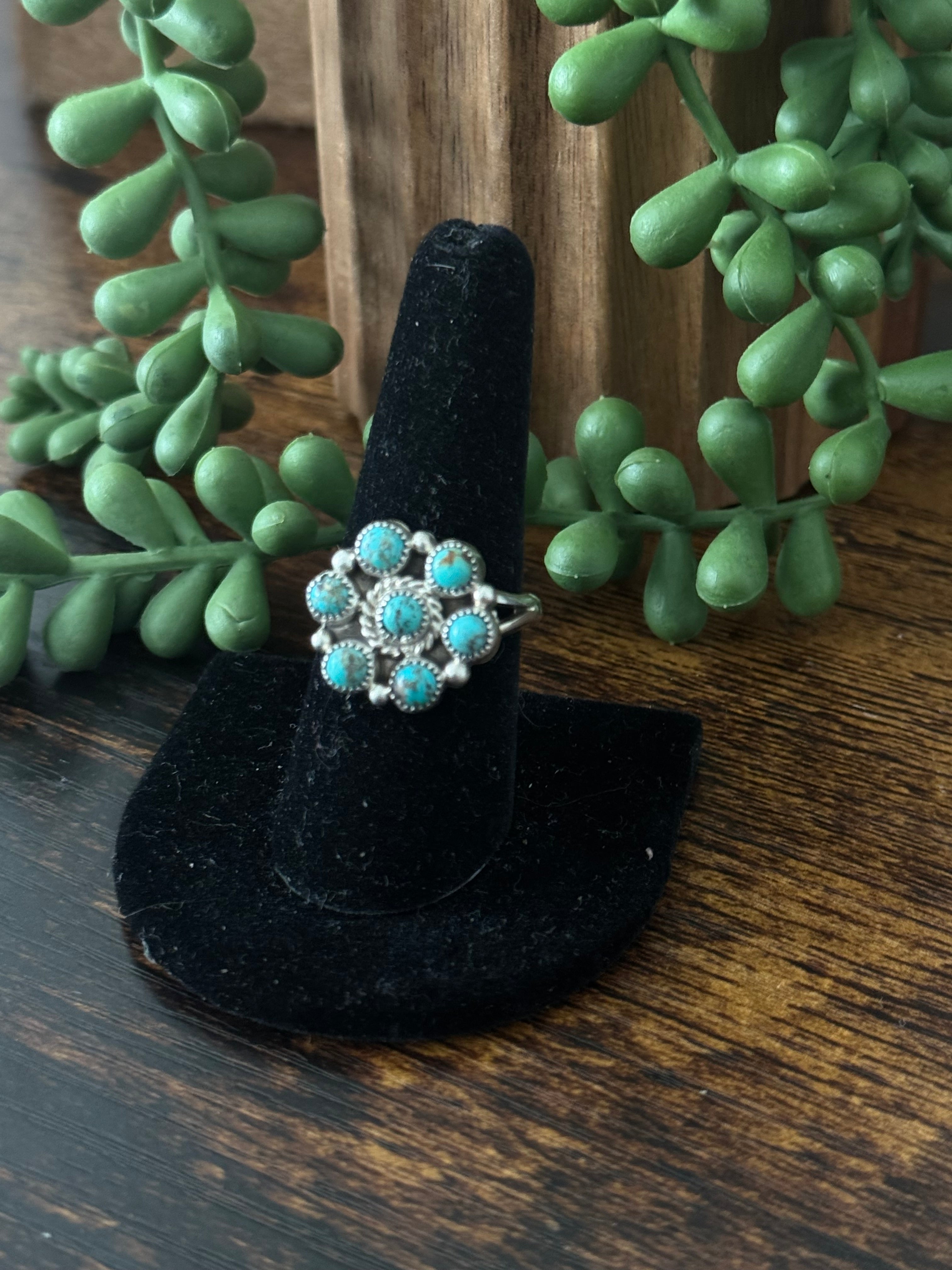 Navajo Made Kingman Turquoise & Sterling Silver Cluster Adjustable Ring