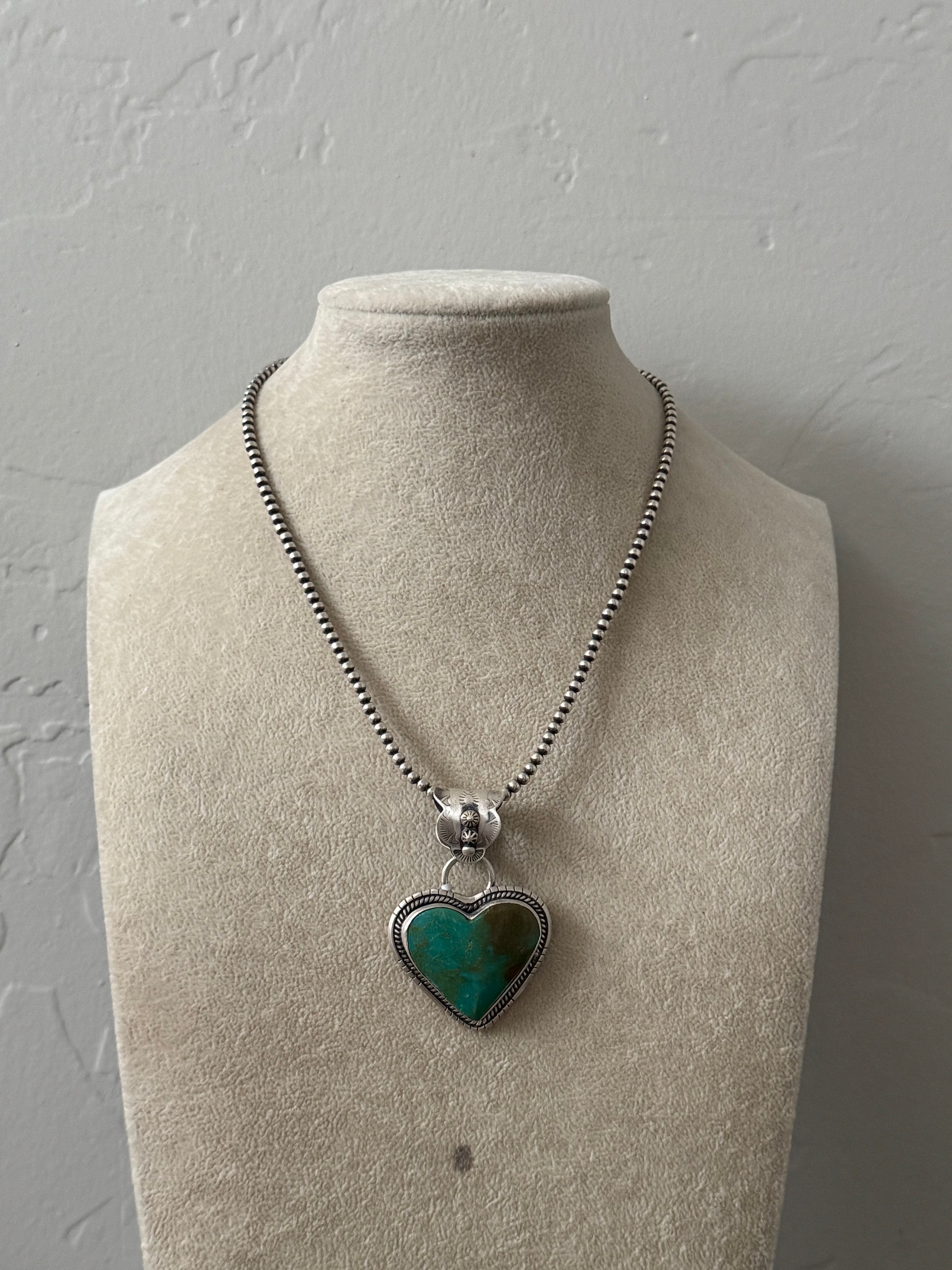 Navajo Made Kingman Turquoise & Sterling Silver Heart Pendant