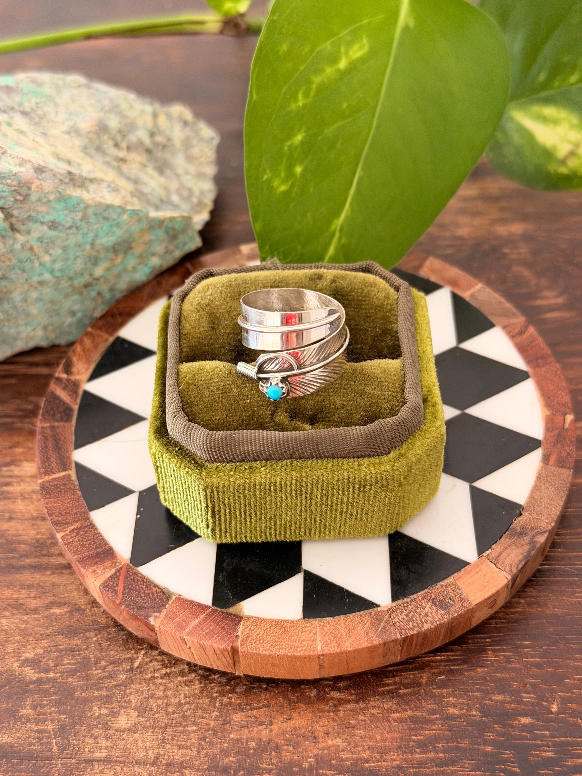 Navajo Made Kingman Turquoise & Sterling Silver Feather Adjustable Ring