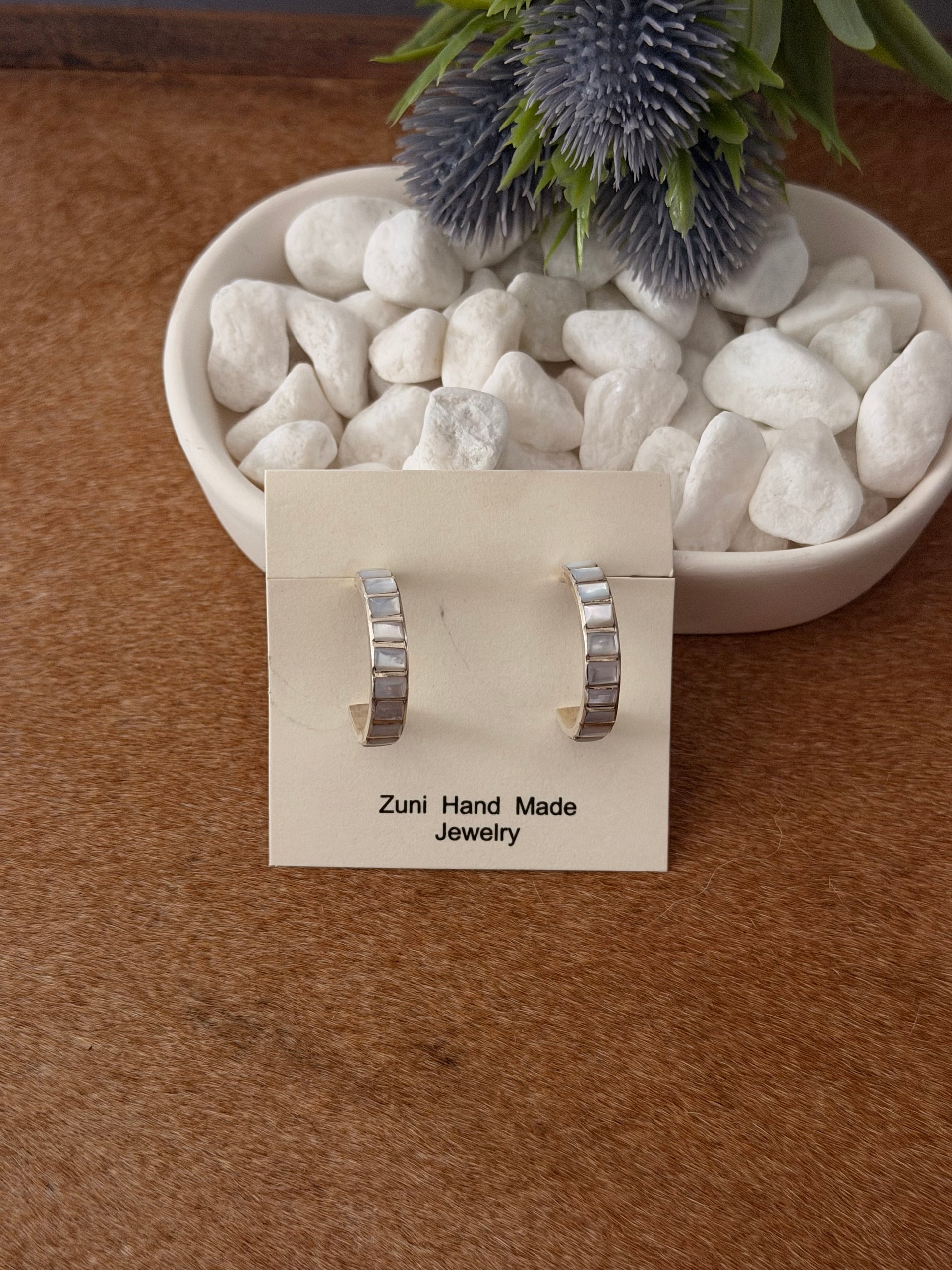 Zuni Made Mother of Pearl & Sterling Silver Post Hoop Earrings