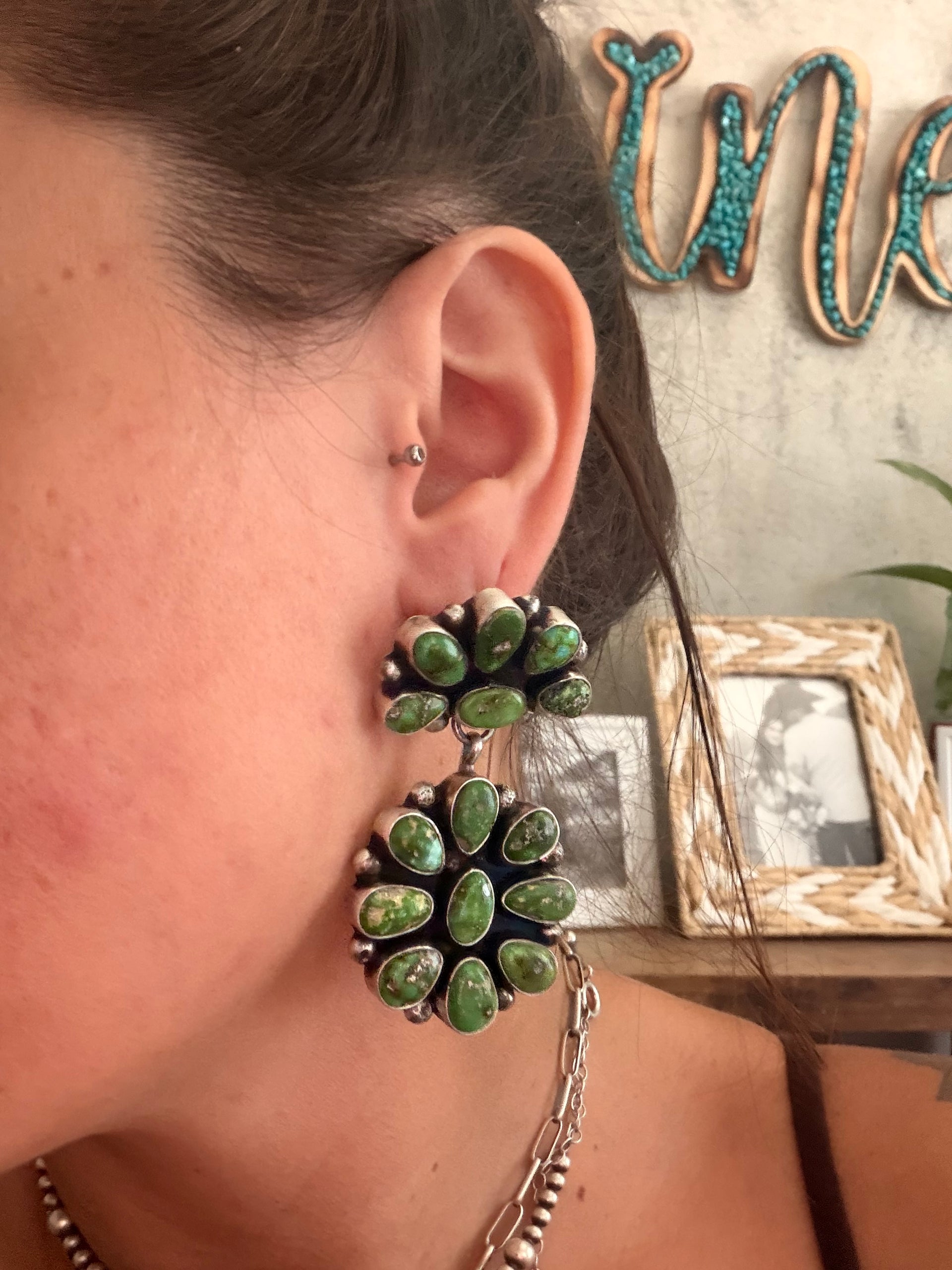Sheila Becenti Sonoran Gold Turquoise & Sterling Silver Post Dangle Cluster Earrings
