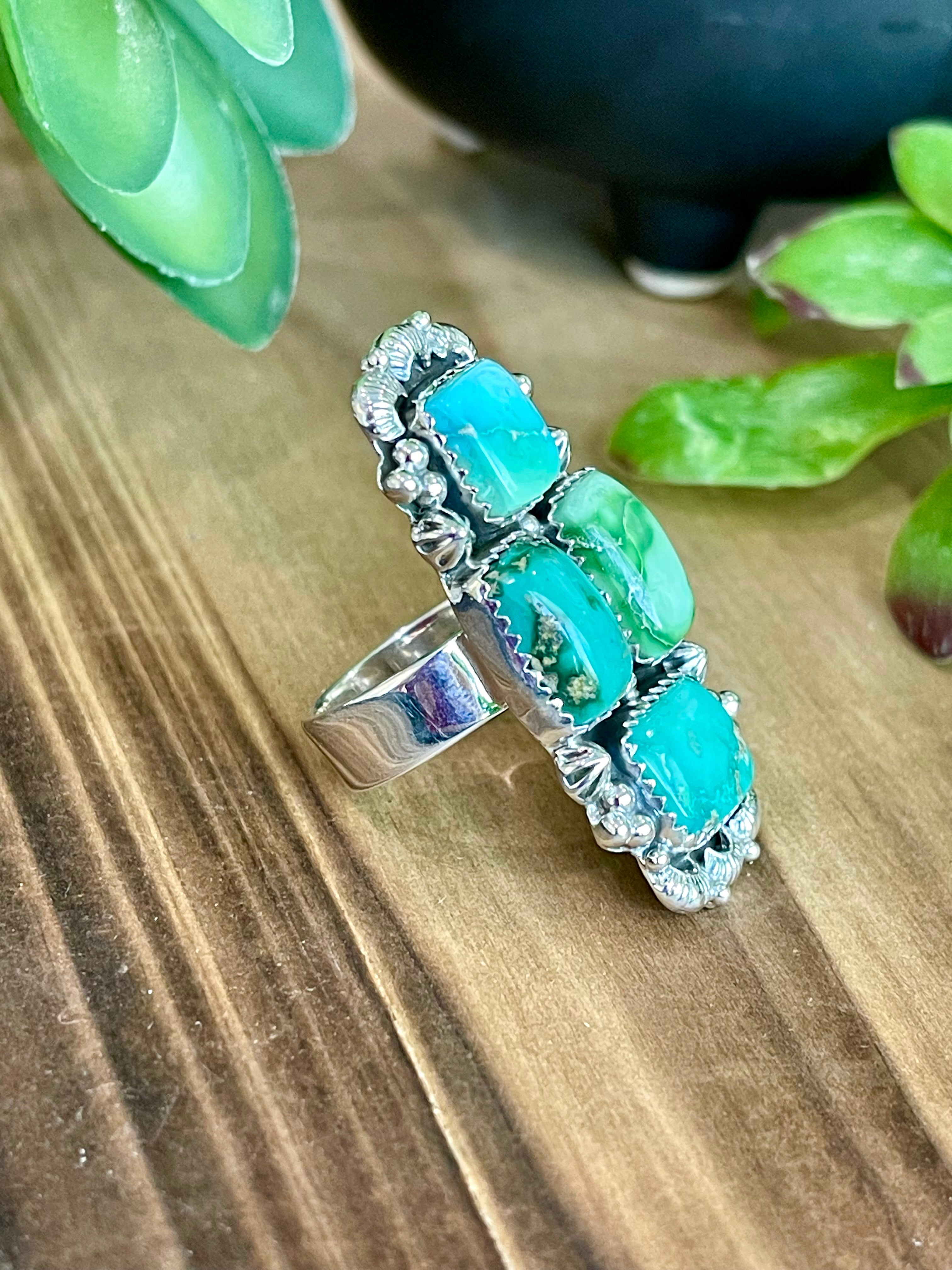 Southwest Handmade Emerald Valley Turquoise & Sterling Silver Adjustable Cluster Ring