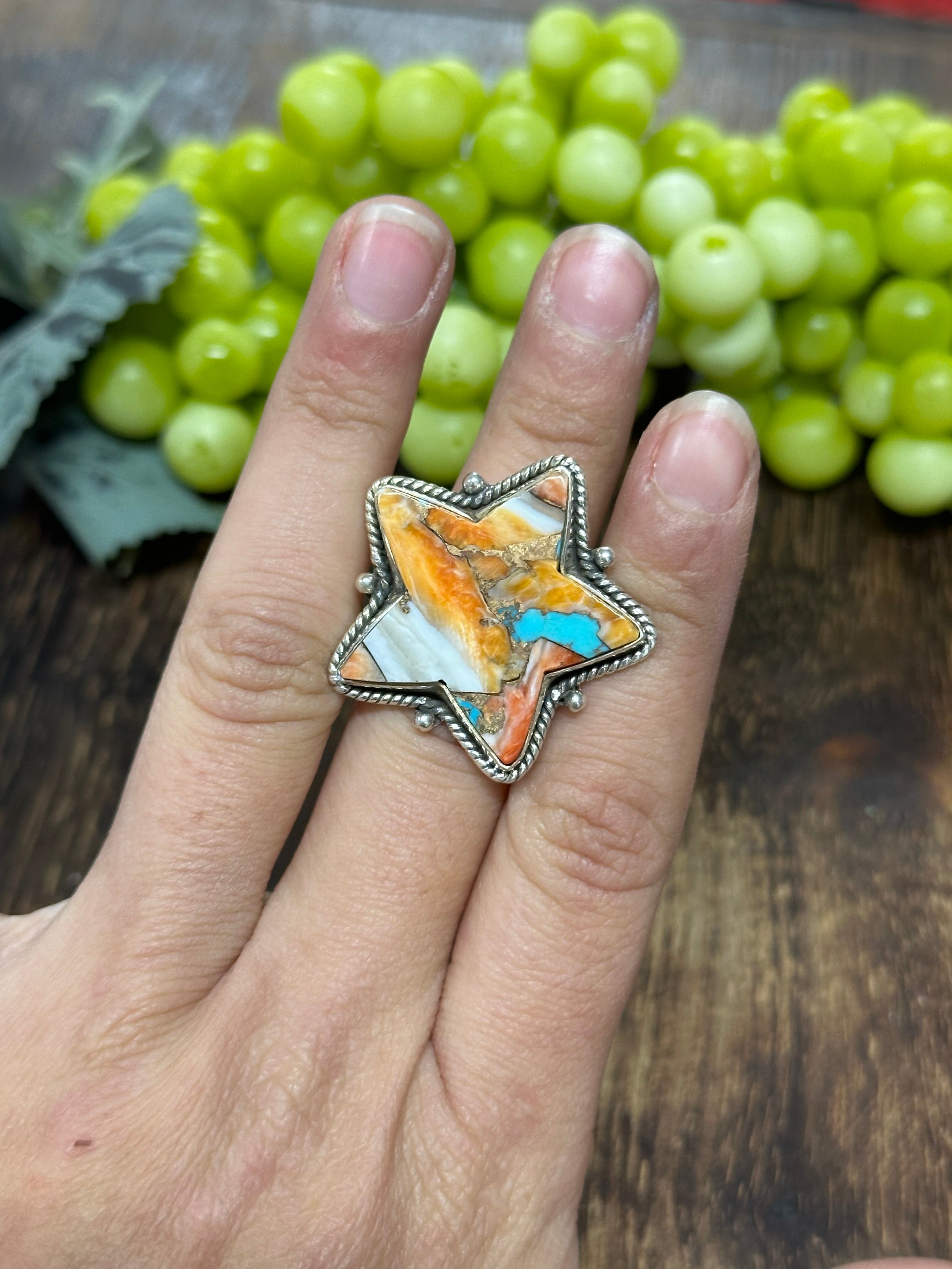 Southwest Handmade Mohave Turquoise & Sterling Silver Adjustable Star Ring